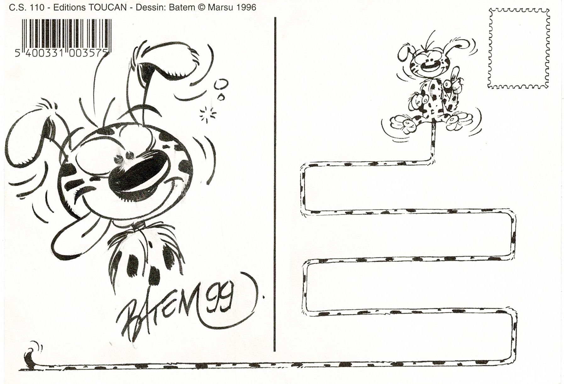 BATEM Le Marsupilami, dessin original à l'encre de chine réalisé au revers d'une&hellip;