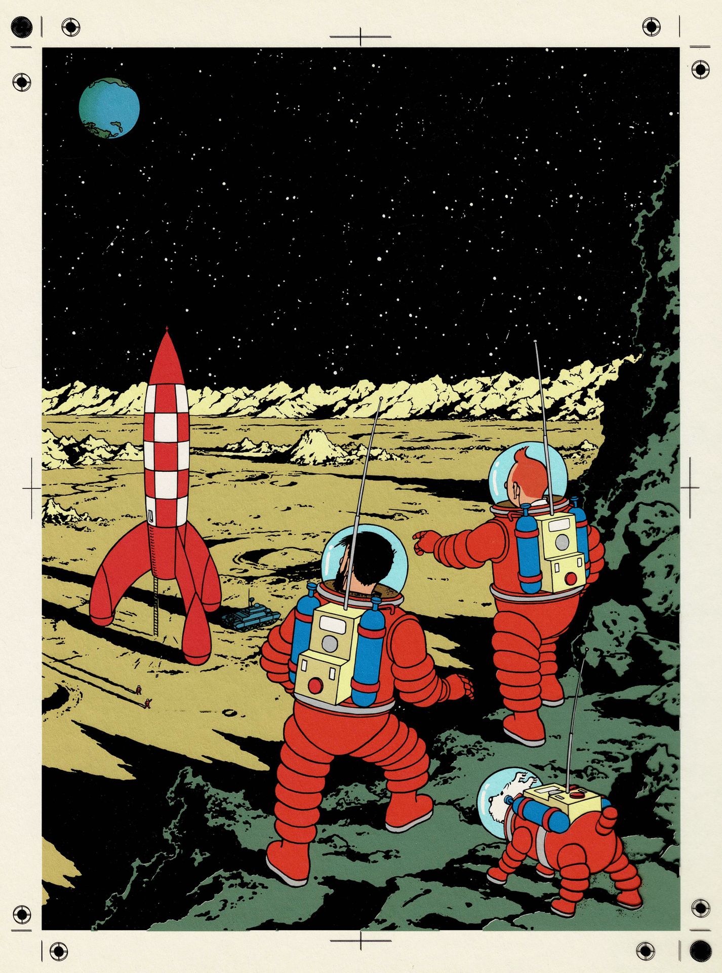Hergé (Studios) 我们在月球上行走，为蓝色和它的黑色胶片上色，作为专辑的封面。尺寸：41厘米×32.5厘米。