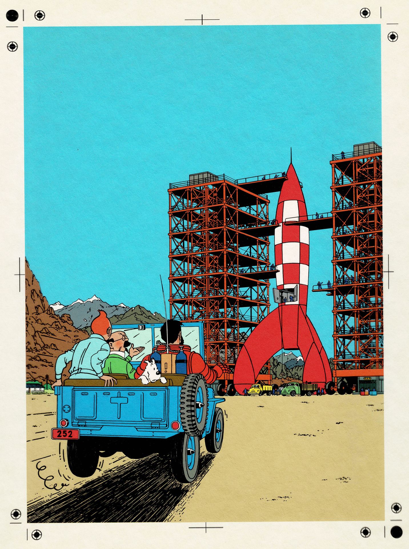 Hergé (Studios) Objektiv Mond, blaues Ausmalbild und schwarze Folie für das Albu&hellip;