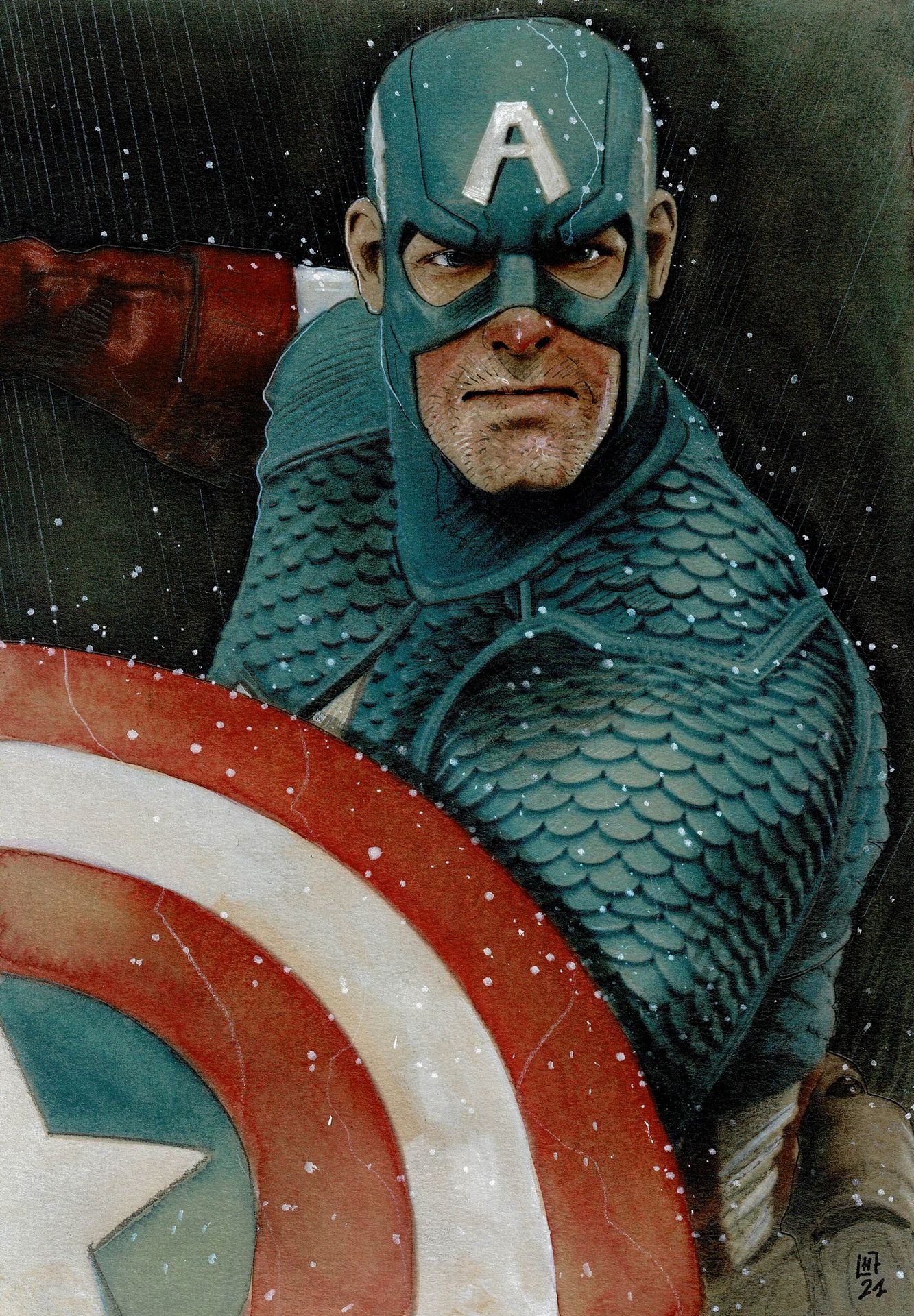 Le Hénanff Captain America, original drawing in direct colors. Dimensions : 29,5&hellip;