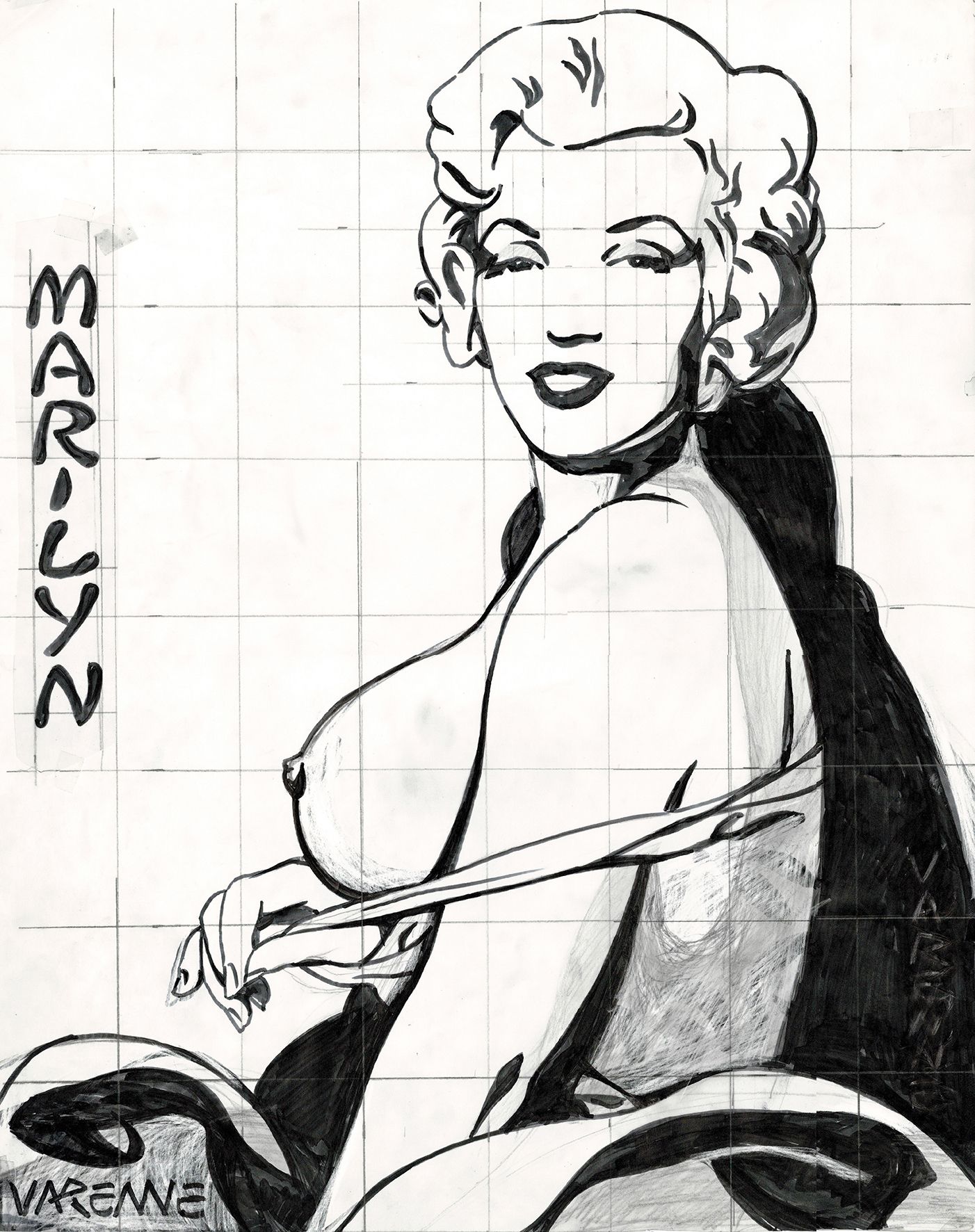 Varenne Marilyn, sehr großformatige Originalzeichnung mit feinem Filzstift. Maße&hellip;