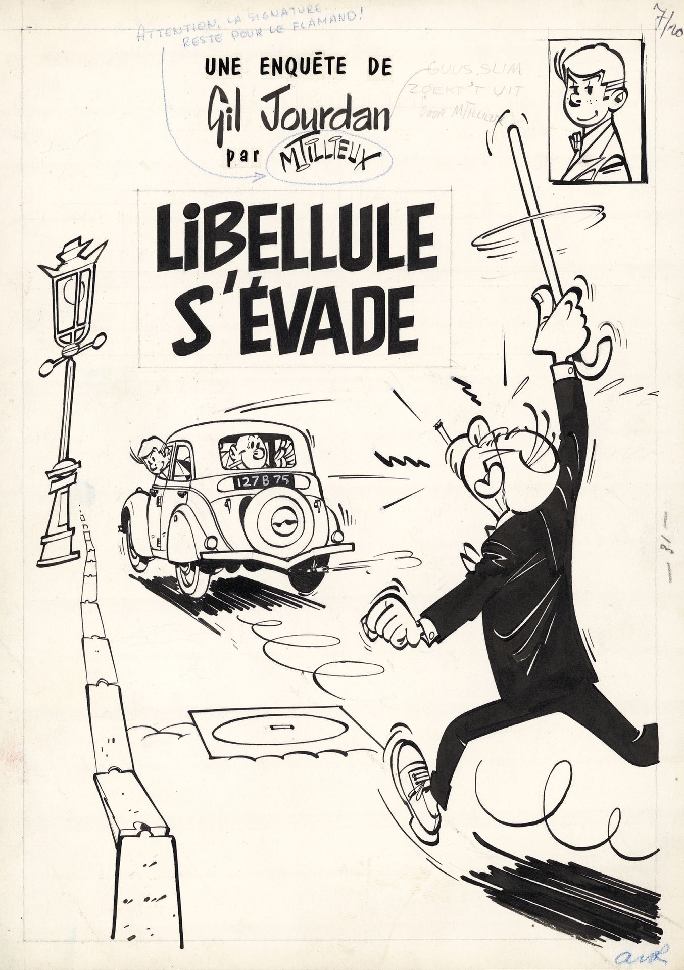 MAURICE TILLIEUX (1921-1978) Gil Jourdan - Libellule s'évade Encre de Chine sur &hellip;
