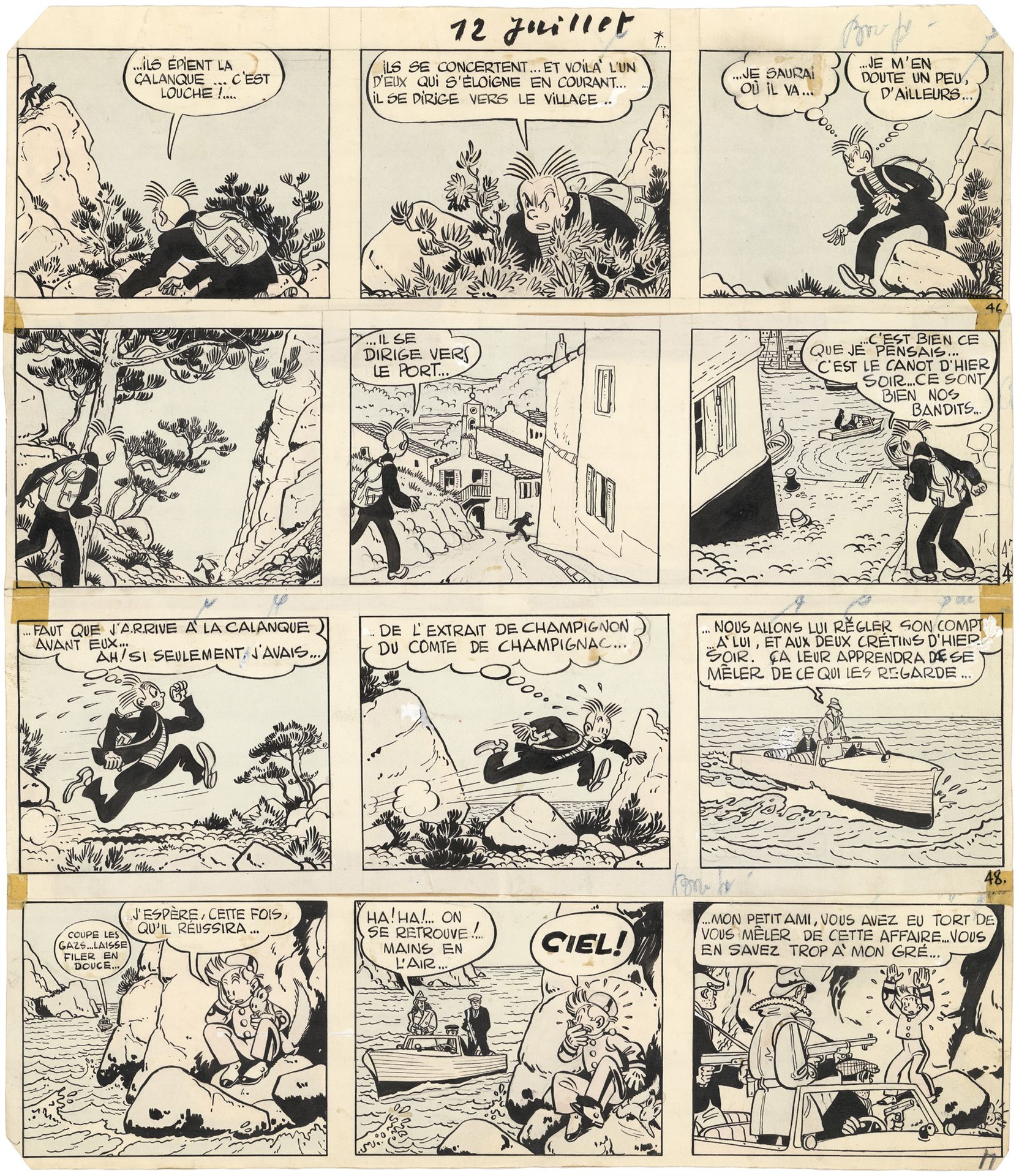 JIJE (1914-1980) Spirou et les hommes grenouilles 纸上印度墨水，用于故事的第11版。38,7 x 34,3厘米&hellip;