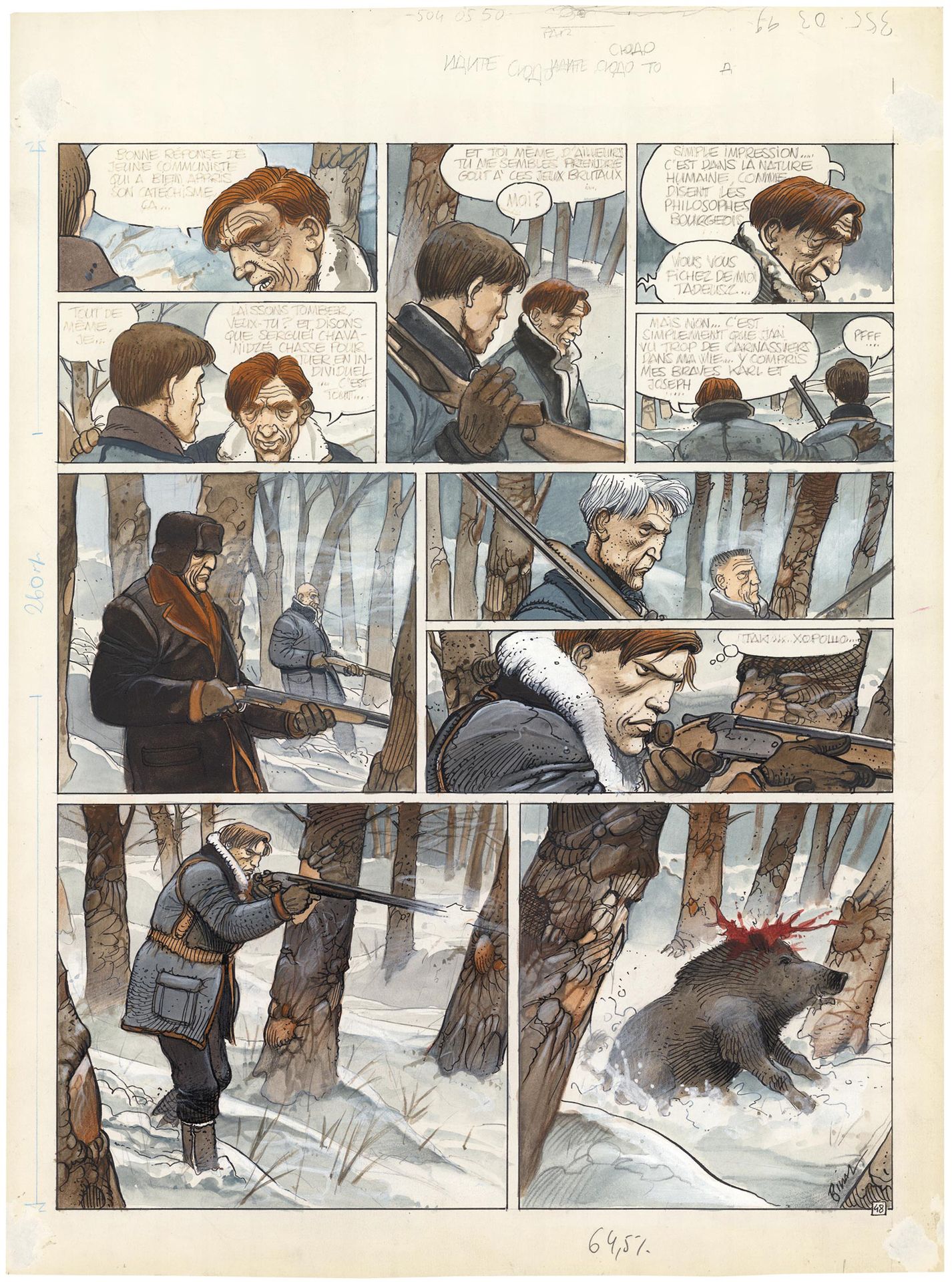 Enki BILAL (né en 1951) 狩猎聚会
纸上彩色墨水，用于画册的第48版。
右下方有签名。
40.1 x 31.4厘米。
Dargaud,19&hellip;