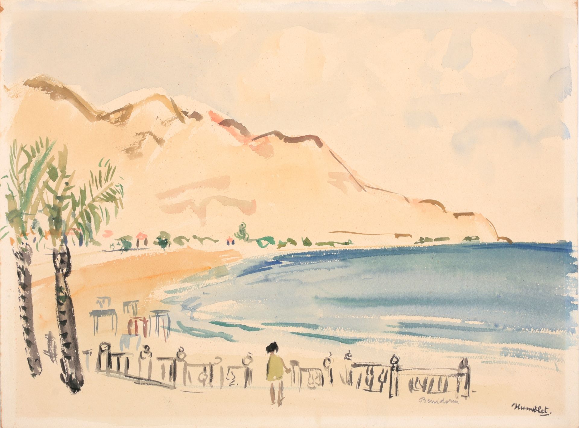 HUBLET, Theo (1916-2006) 在贝尼多姆的Strandzicht

水彩画(27 x 36厘米)，从右到左