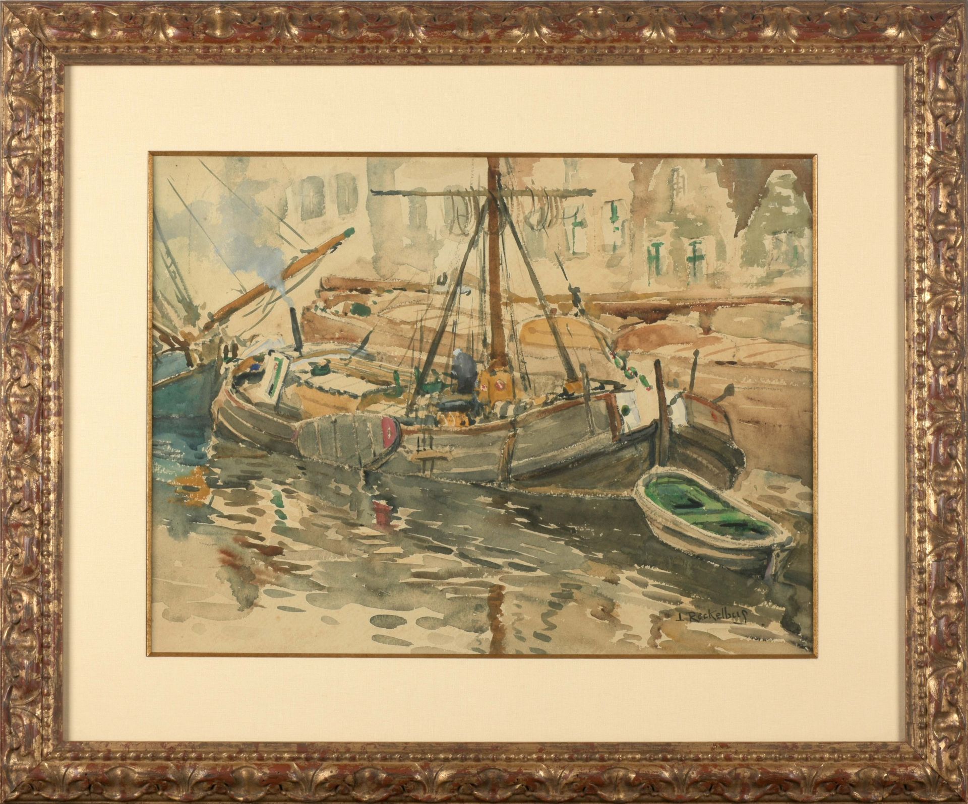 RECKELBUS, Louis (1864-1958) 布鲁日的运河上有船

水彩画(36 x 48 cm)，从左到右。采矿业