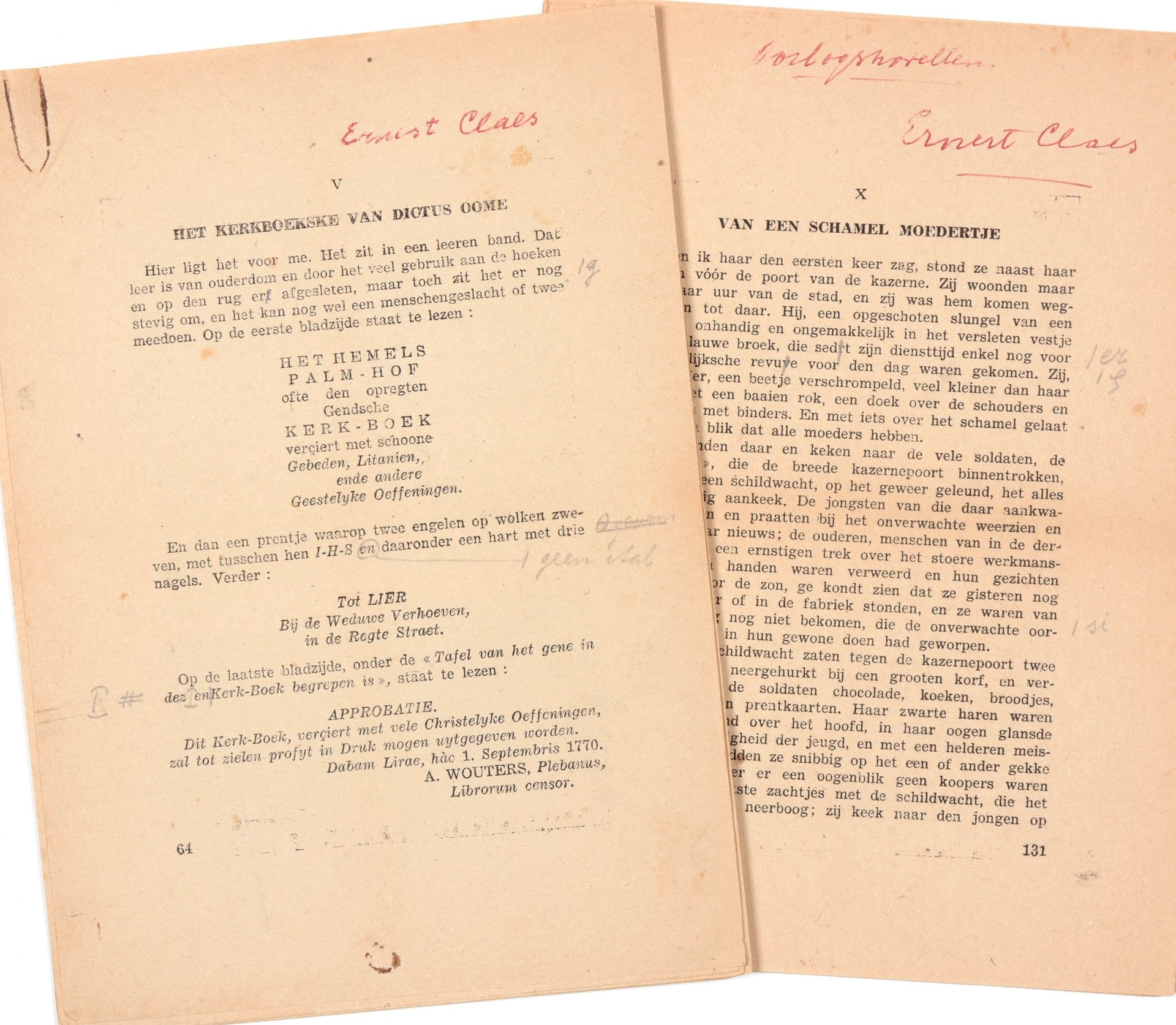 CLAES, Ernest Proefdruk met talrijke correcties in potlood voor 'Oorlogsnovellen&hellip;