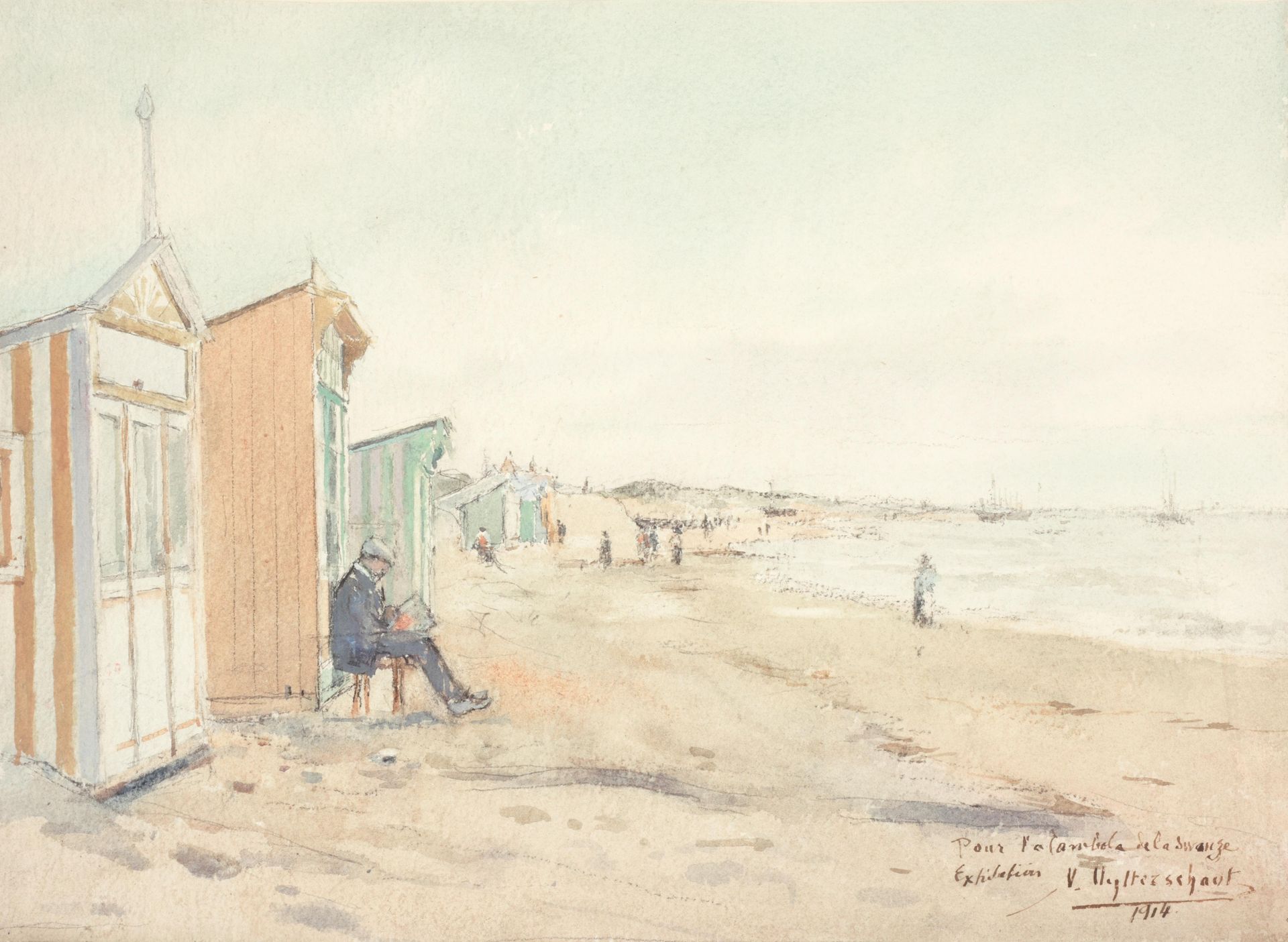 UYTTERSCHAUT, Victor (1847-1917) 有小木屋的海滩景色（1914年）。

水彩画(24.5 x 24 cm)，已签名并有文字 "为&hellip;
