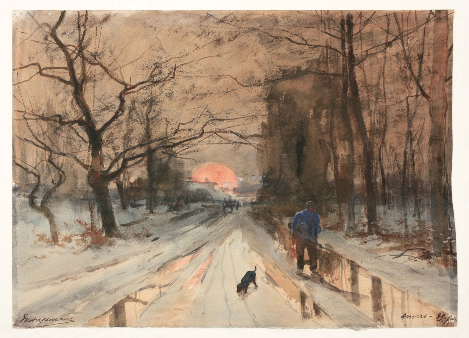 HAGEMANS, Maurice (1852-1917) 带狗的步行者（安特卫普，1889年

水彩画（36 x 51厘米），已签名并注明日期，无画框