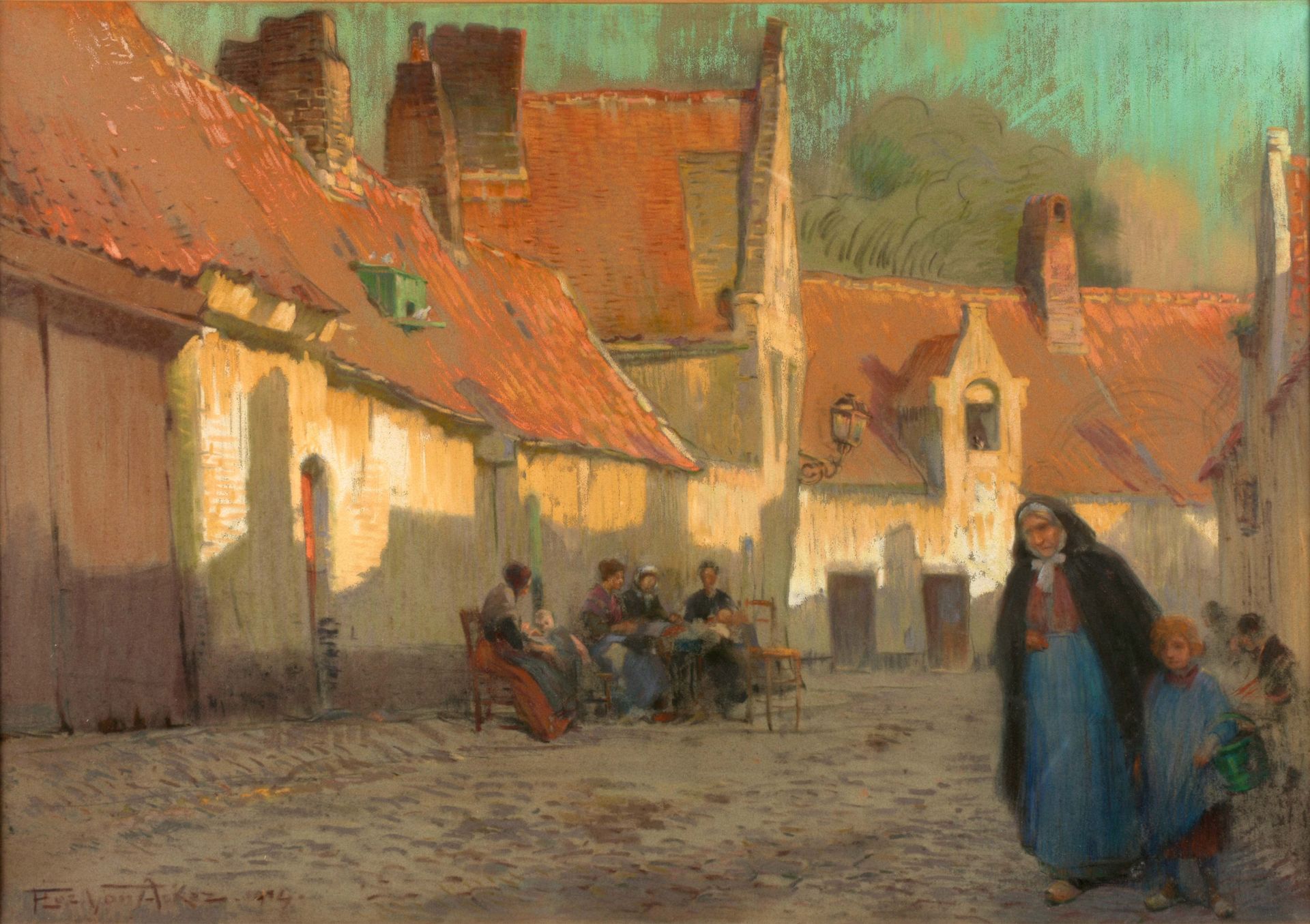 VAN ACKER, Flori (1858-1940) Straatzicht met kantwerksters in Brugge

Pastell (6&hellip;