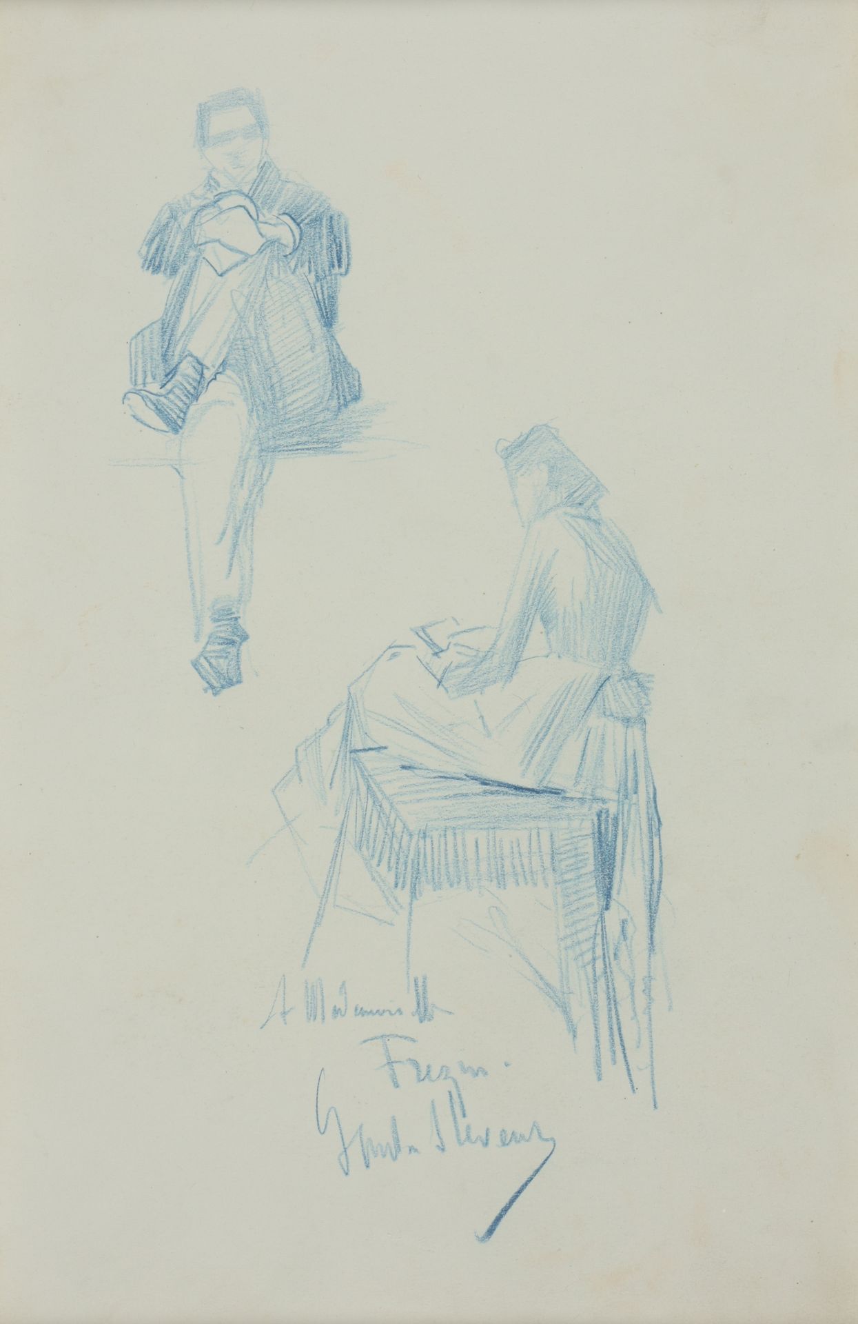 STEVENS, Gustave- Max (1871-1946) 朱莉娅-弗莱辛在J.F. Portaels的工作室（？

白纸蓝铅笔画(26 x 16.5 &hellip;
