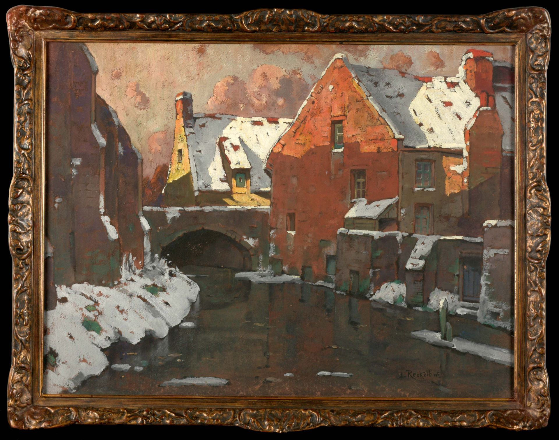 RECKELBUS, Louis (1864-1958) 雪和太阳（布鲁日

水粉画（57 x 75厘米），右下方有签名。复古框架