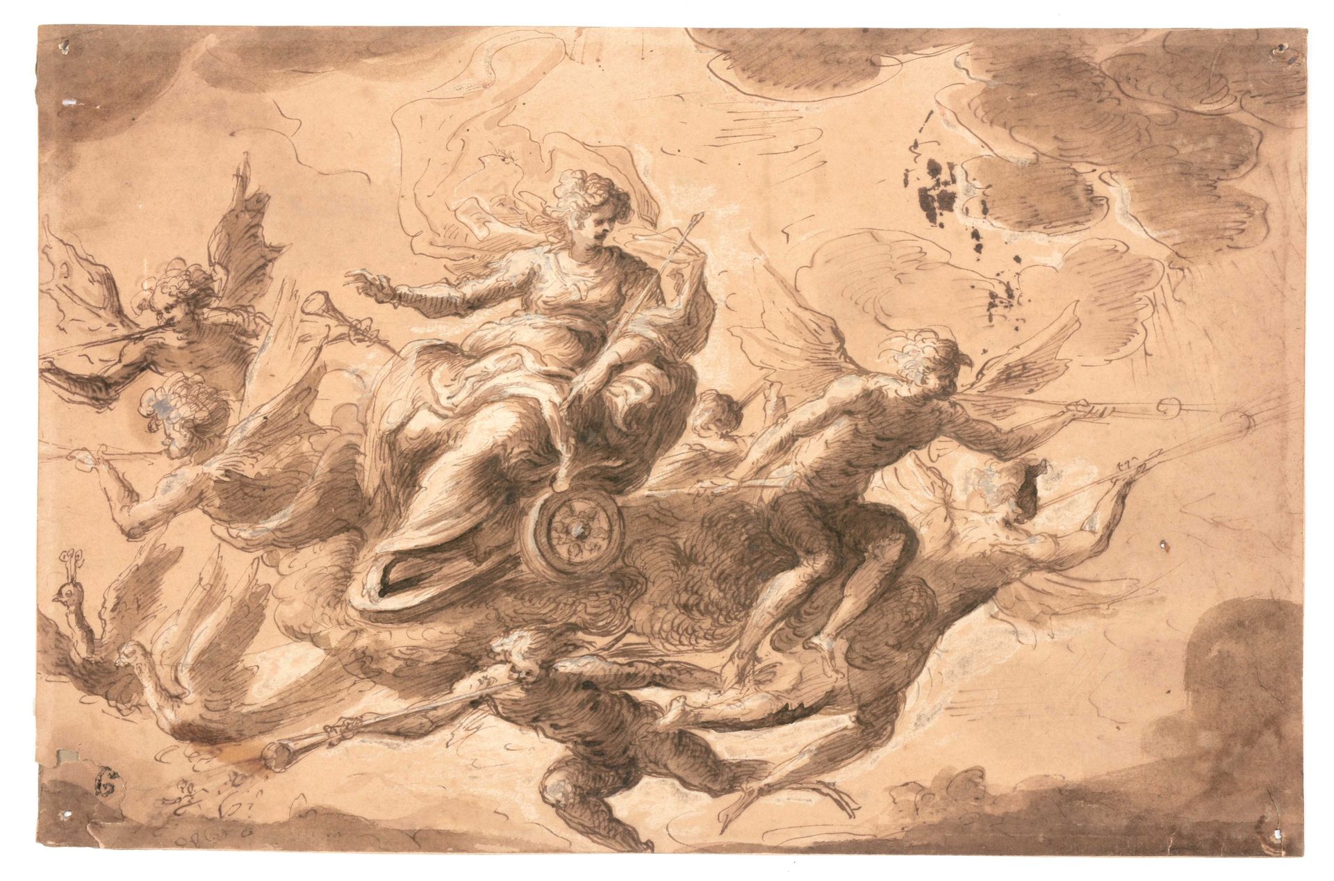 [VLAAMSE SCHOOL] 作为heidense godin朱诺/赫拉的战斗寓意

绘画作品(19 x 29.5 cm)，内页为空白。在一辆大马车上，有两&hellip;
