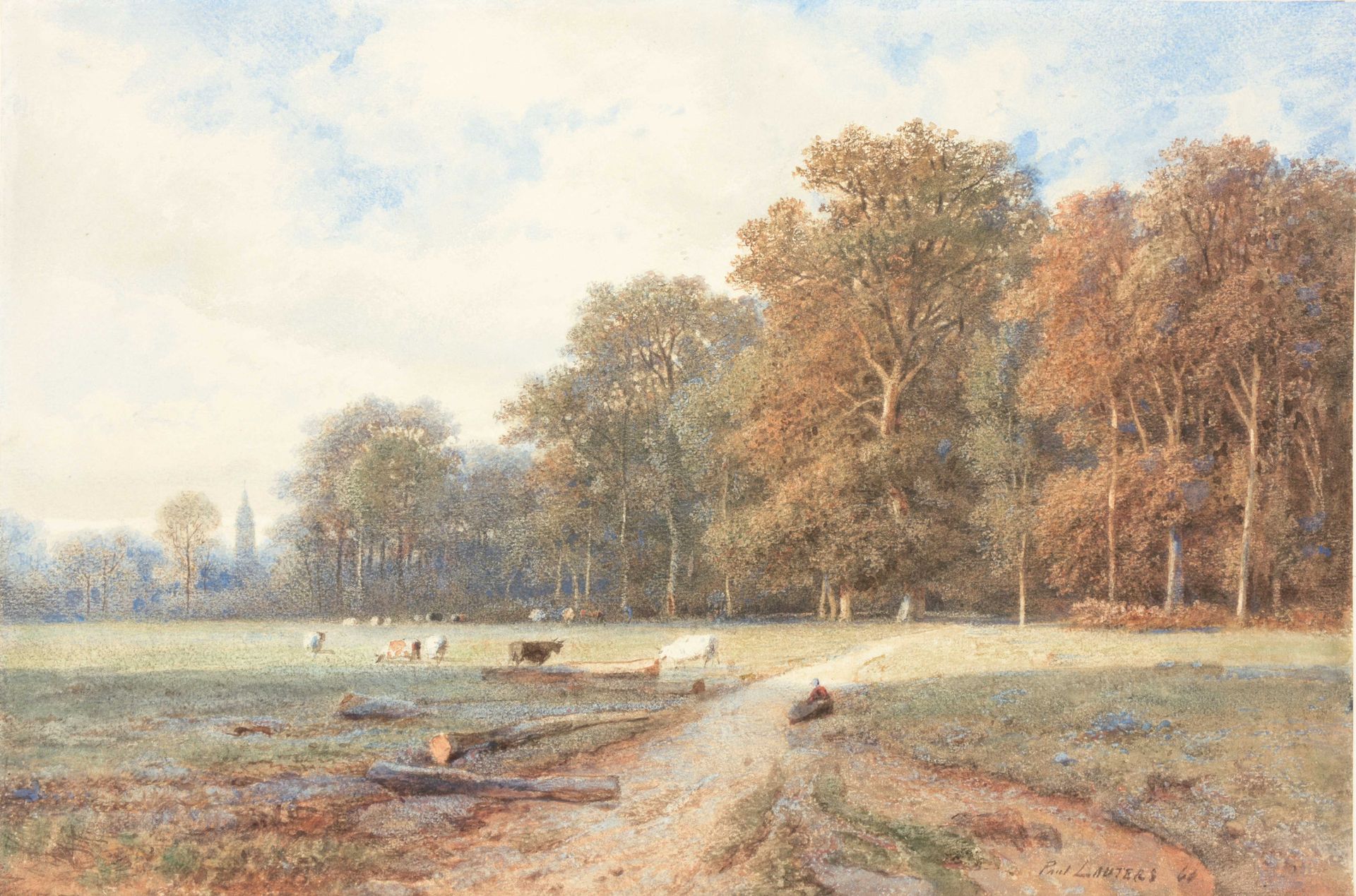 LAUTERS, Paul (1806-1875) 树林边缘的牧牛人风景（1861年

水彩画（33 x 49厘米），已签名并注明日期