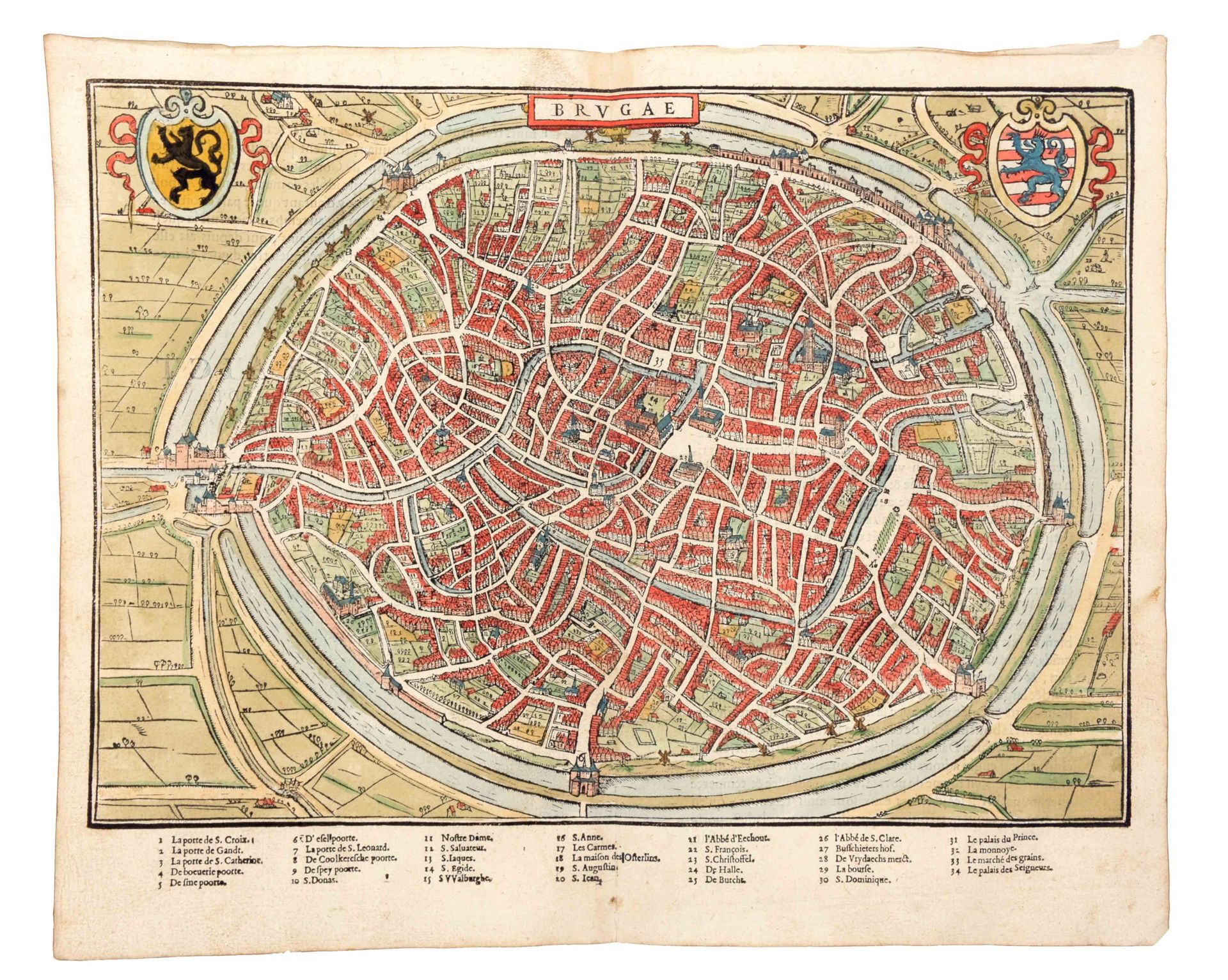 [Brugge] 布鲁加

后面（26.5 x 34.5厘米）有Guicciardini的城市版图，被涂上了颜色，上面有法文的字样，法文的字样在第五页（安特卫普&hellip;
