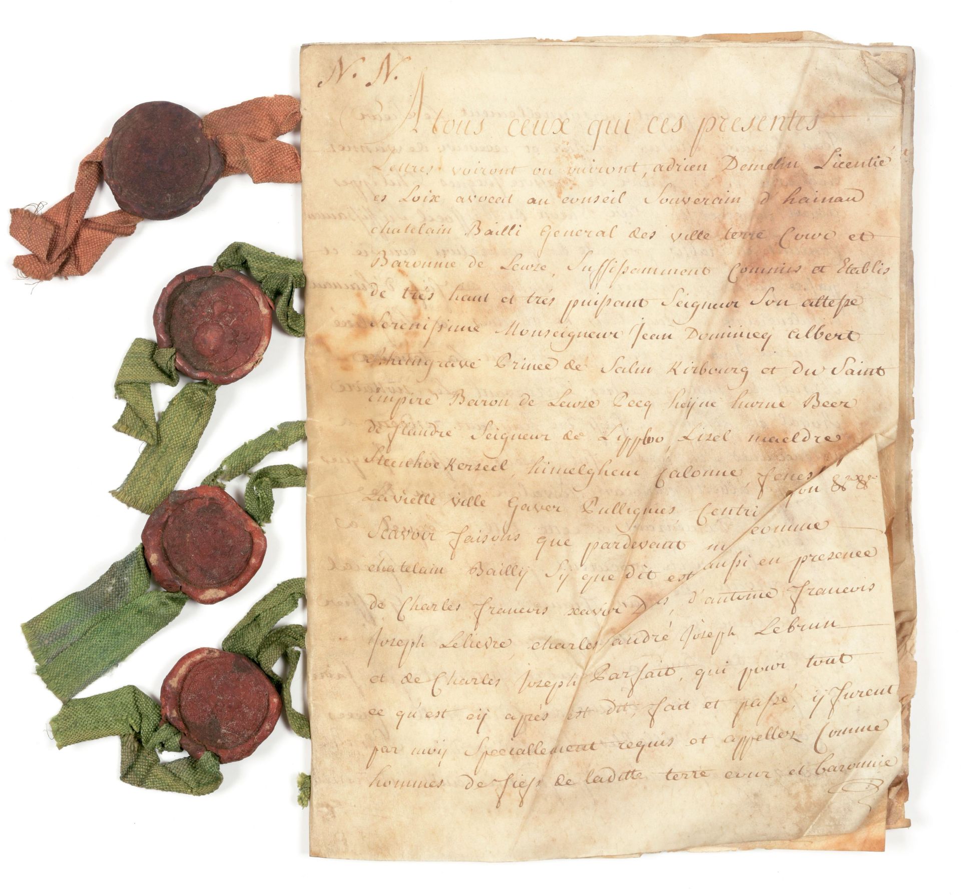 [DENOMBREMENT] 列名信

羊皮纸上的褐色墨水手稿，纸上有印章。附有两个印章。在塞勒斯和莫伦拜(Hainaut)约有6邦尼的可耕地的封地。 联合：布&hellip;