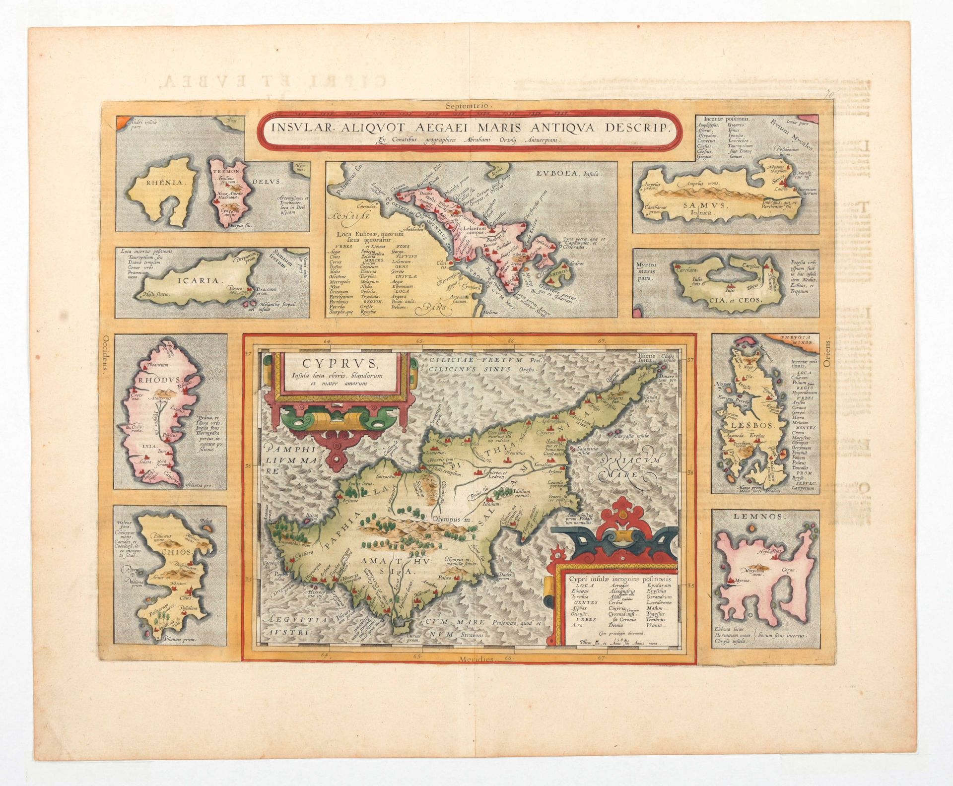 [CYPRUS] 岛国的Aegei Maris antiqua描述。

原版手绘地图（37 x 47.5厘米），由A. Ortelius约1590年绘制。

v&hellip;