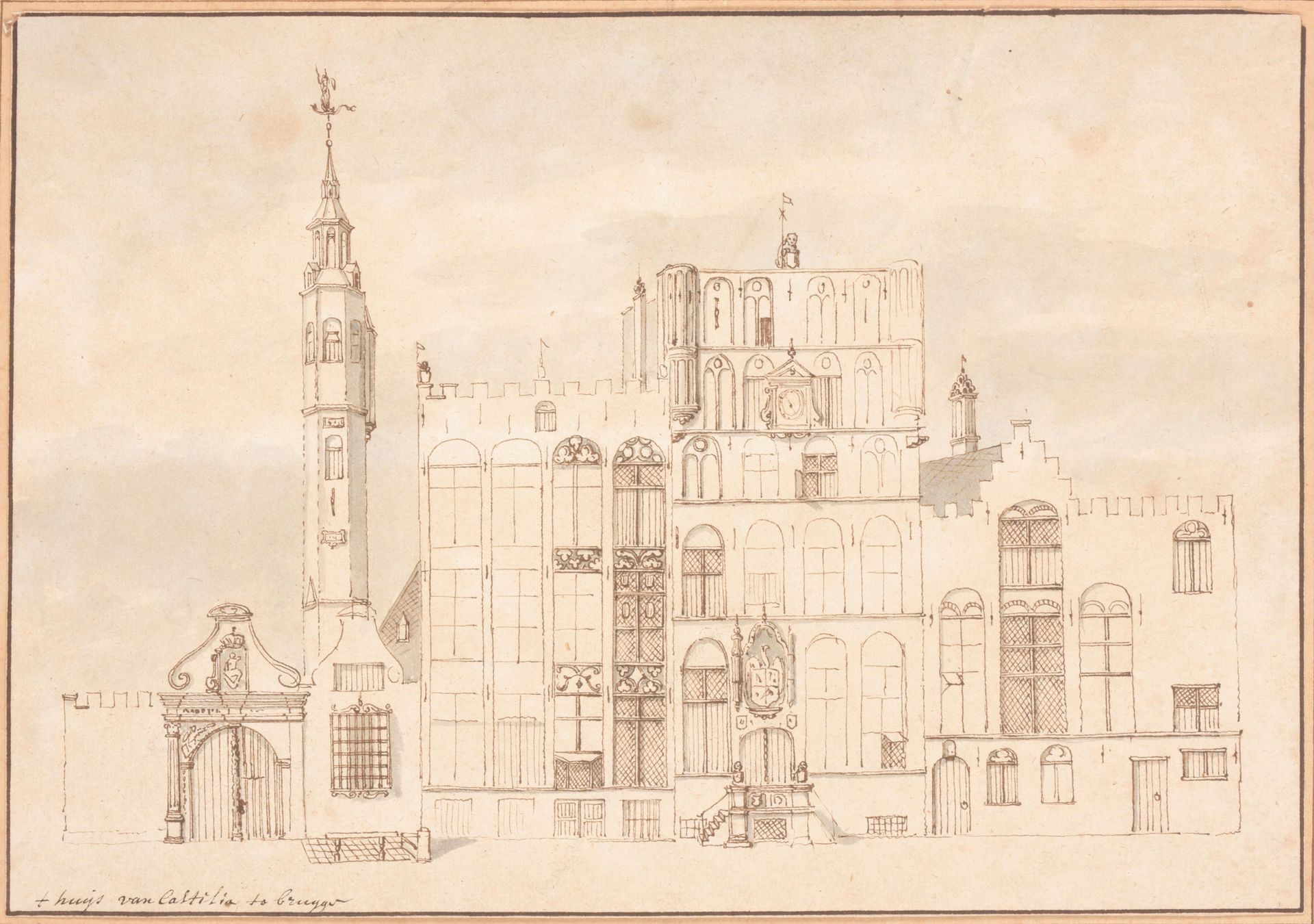 [Brugge] 梵卡斯特里亚-布鲁日（T Huys van Castilia te Brugge）。

铅笔(17 x 24.5 cm)，由蓝色/灰色的水彩，&hellip;