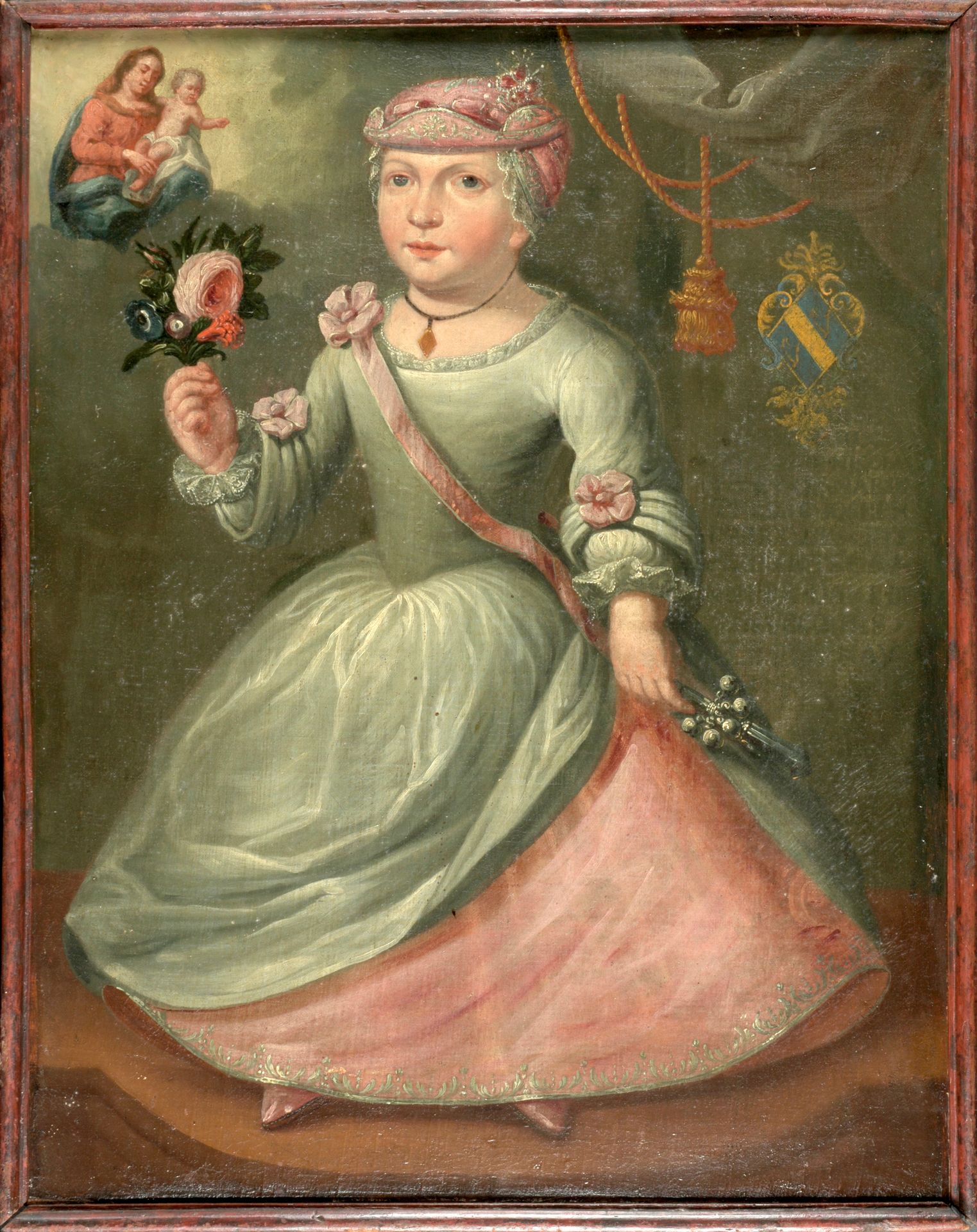 [EX VOTO] 年轻女孩的肖像

布面油画（70 x 53厘米），无名氏，有大卫家族的徽章（？），17/18世纪，旧框架