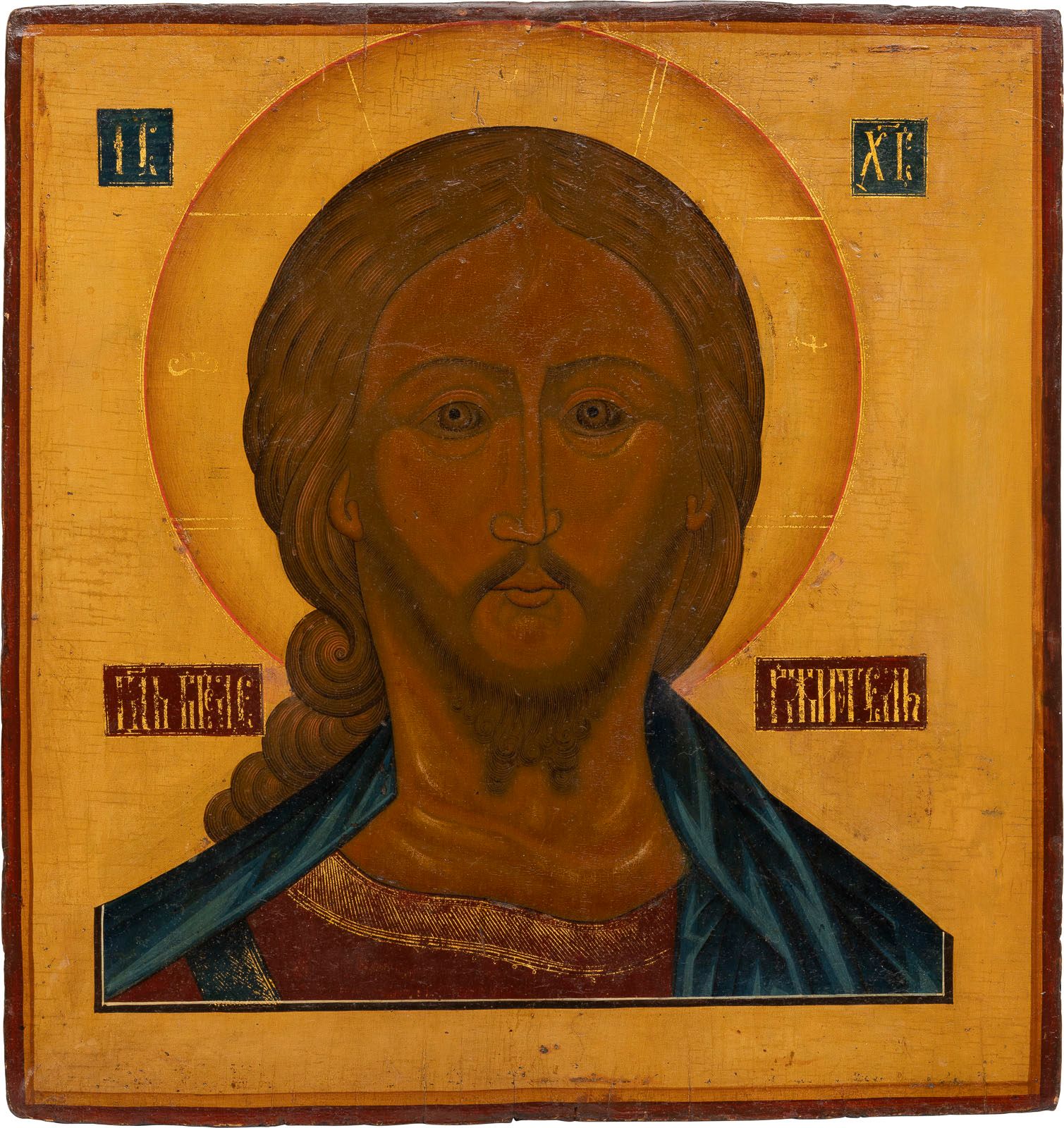 A LARGE ICON SHOWING THE 'FIERCE EYE CHRIST' 俄罗斯，18世纪末，木板上的淡彩画，显示 "基督之眼 "的大图标。有轻&hellip;