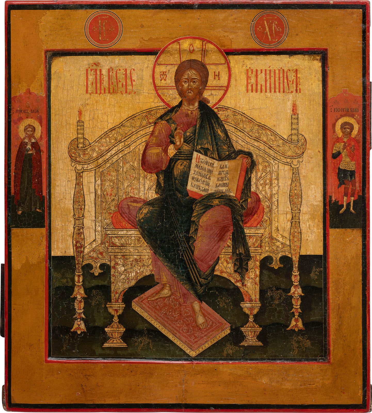 A FINE ICON SHOWING THE ENTHRONED CHRIST 显示入世的基督的精美圣像 俄国，18世纪 木板上的淡彩画，带有科夫切格。在金黄&hellip;