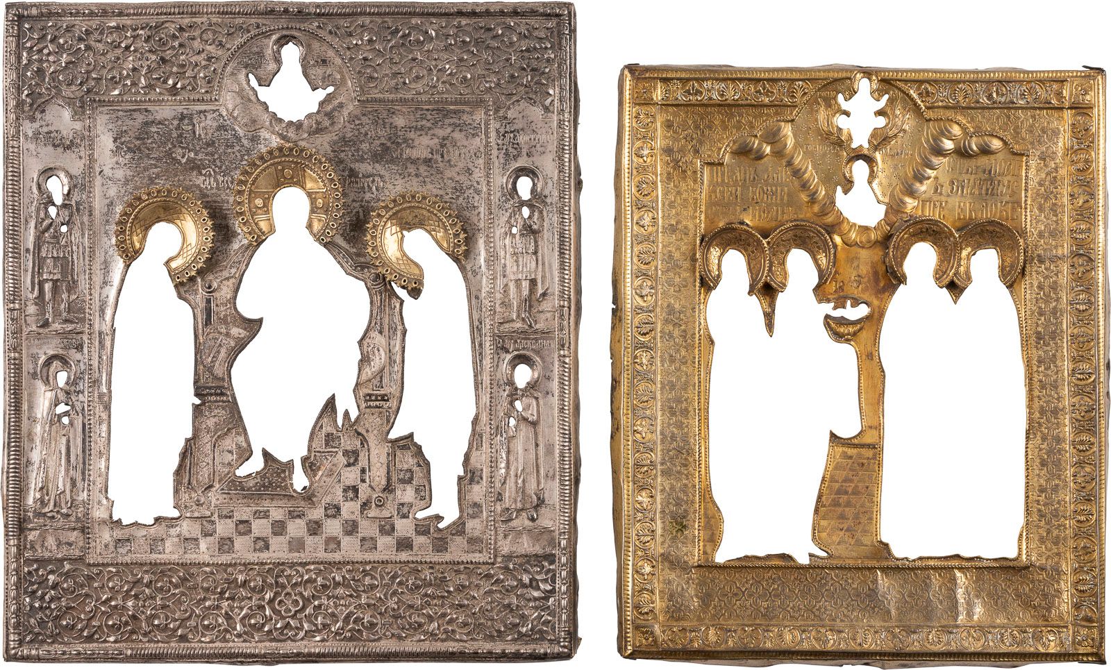 TWO RIZAS SHOWING THE DEISIS AND SELECTED SAINTS 两个显示德伊西斯和部分圣徒的标尺 俄罗斯，19世纪上半叶 黄铜&hellip;