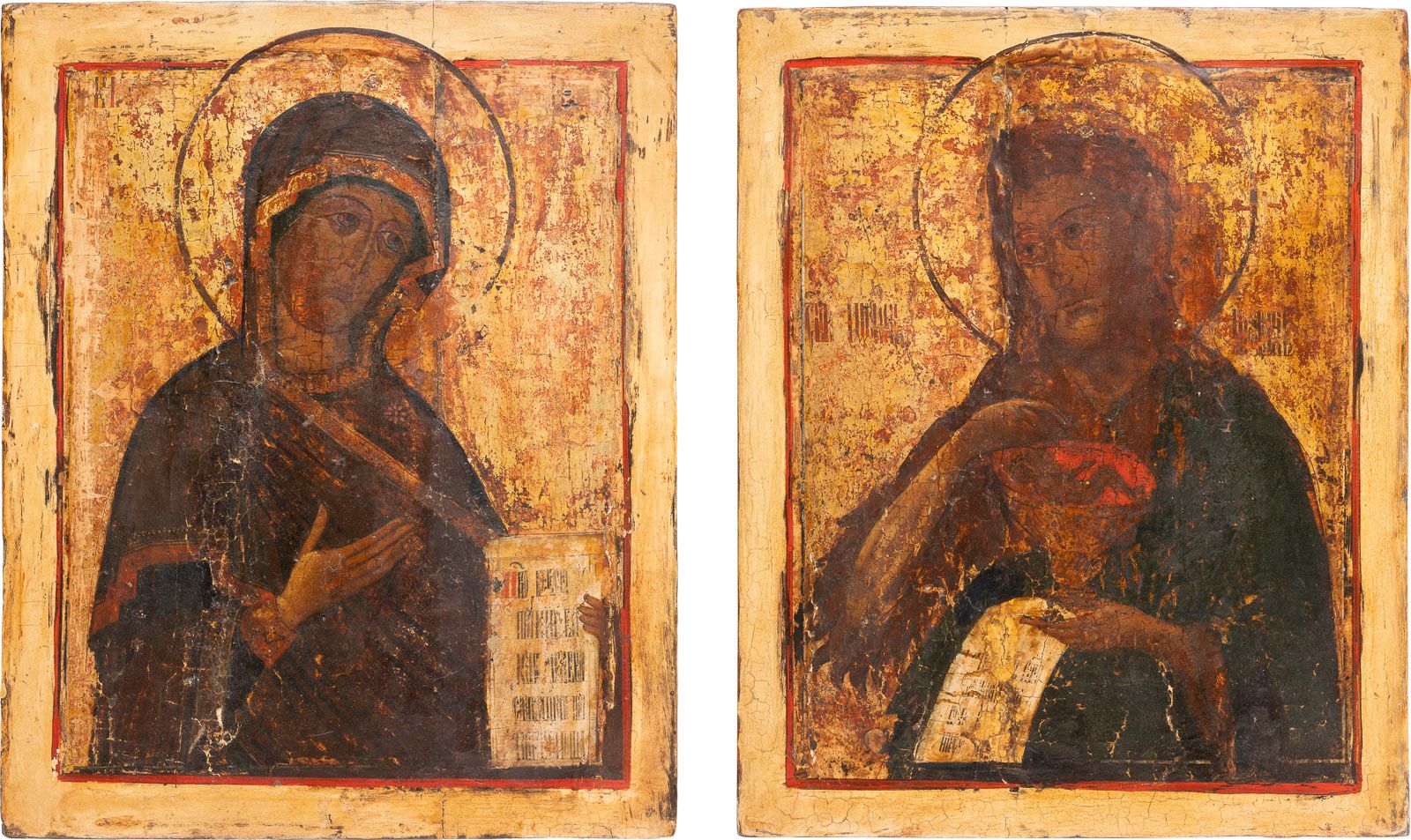 TWO LARGE ICONS SHOWING THE MOTHER OF GOD AND ST. JOHN THE 两幅大型圣像，分别展示了圣母和圣约翰。俄罗&hellip;
