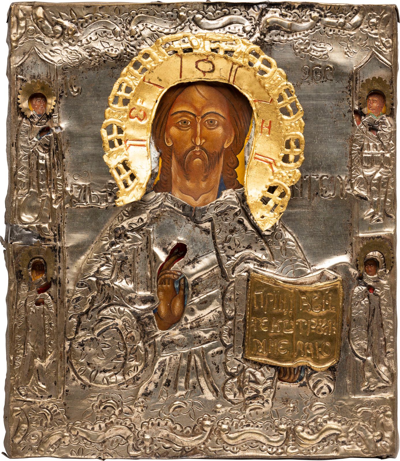AN ICON SHOWING CHRIST PANTOKRATOR WITH OKLAD 雕像显示基督与OKLAD的神像 20世纪 木板油画。覆盖着一个金属O&hellip;