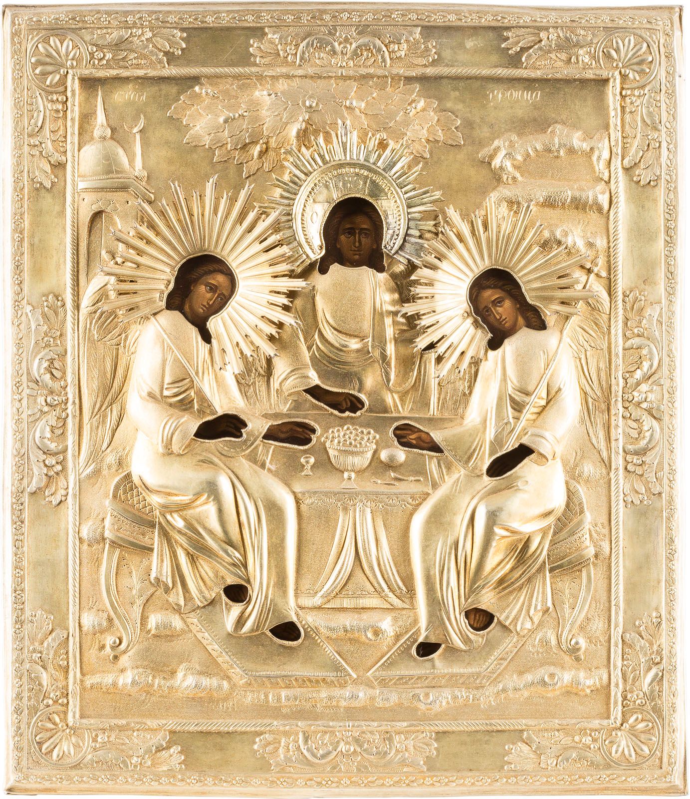 AN ICON SHOWING THE OLD TESTAMENT TRINITY WITH A SILVER-GIL 俄罗斯，莫斯科，1836年（Oklad）&hellip;
