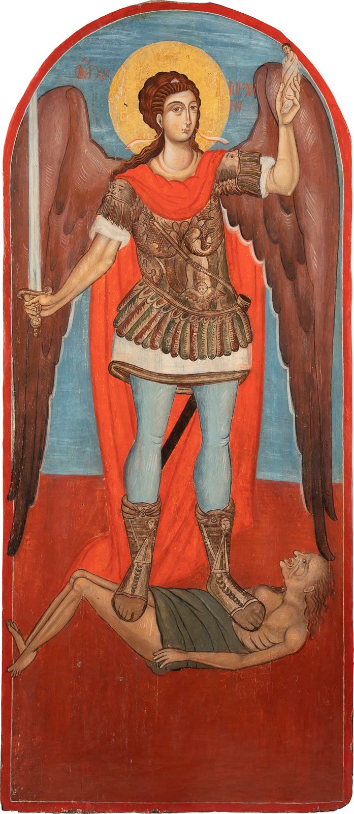 A MONUMENTAL ICON SHOWING THE ARCHANGEL MICHAEL AS PSYCHOPO 希腊，18世纪 希腊，18世纪。 木板上&hellip;