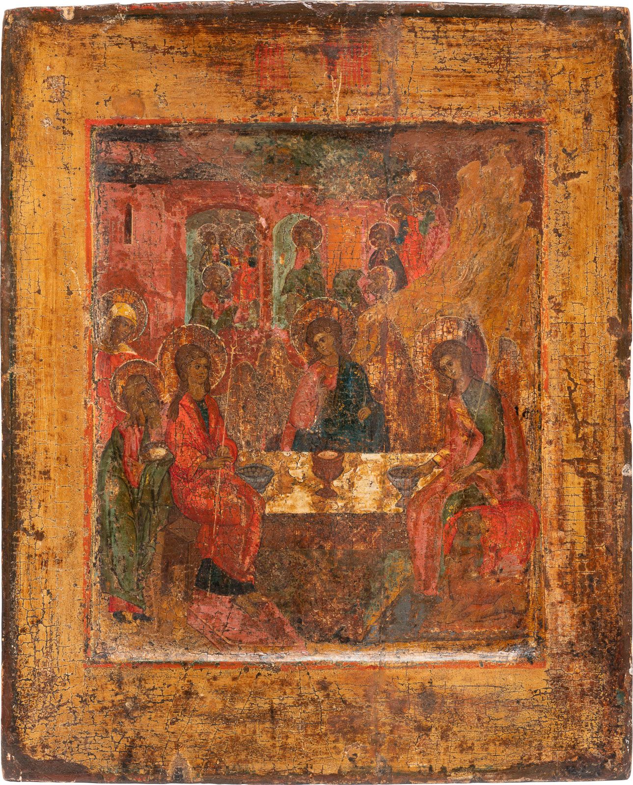 AN ICON SHOWING THE OLD TESTAMENT TRINITY 显示《旧约圣经》中三位一体的圣像 俄罗斯，18世纪 木板上的淡彩画和科夫切格&hellip;