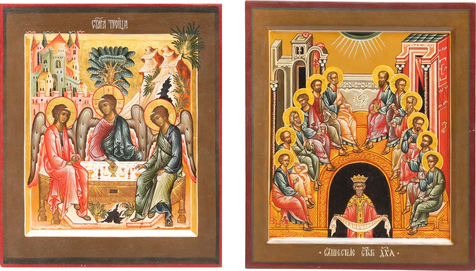 TWO ICONS SHOWING THE OLD TESTAMENT TRINITY AND THE PENTECO DUE ICONE CHE MOSTRA&hellip;