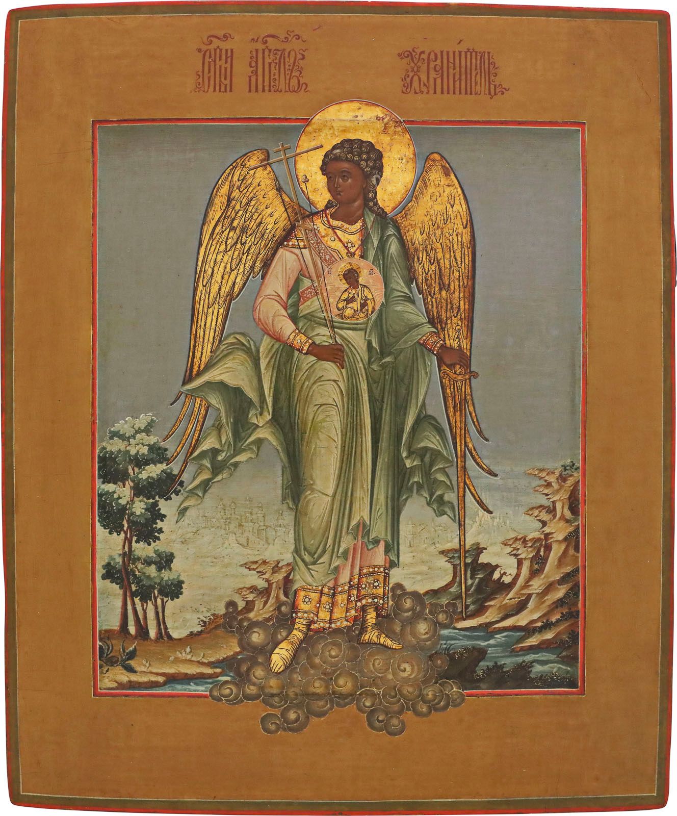 A VERY FINE ICON SHOWING THE GUARDIAN ANGEL 显示守护天使的非常精美的图标 俄罗斯，帕莱赫，19世纪初 木板上的淡彩画&hellip;