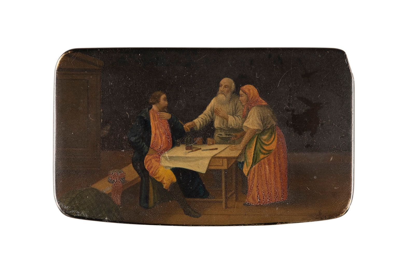 A PAPIERMACHÉ AND LACQUER BOX SHOWING RUSSIAN PEASANTS BOÎTE À PAPERMACHÉ ET LAC&hellip;