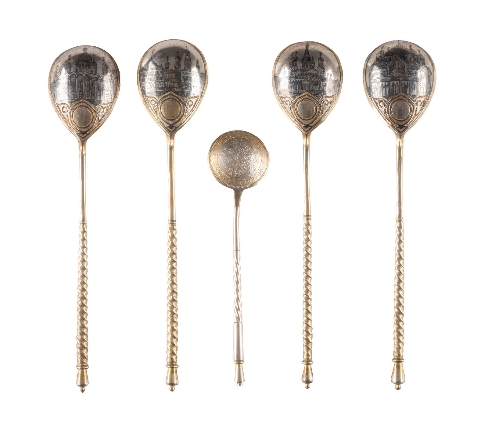 FOUR SILVER-GILT AND NIELLO SPOONS WITH ARCHITECTURAL VIEWS FOUR SILVER-GILT AND&hellip;