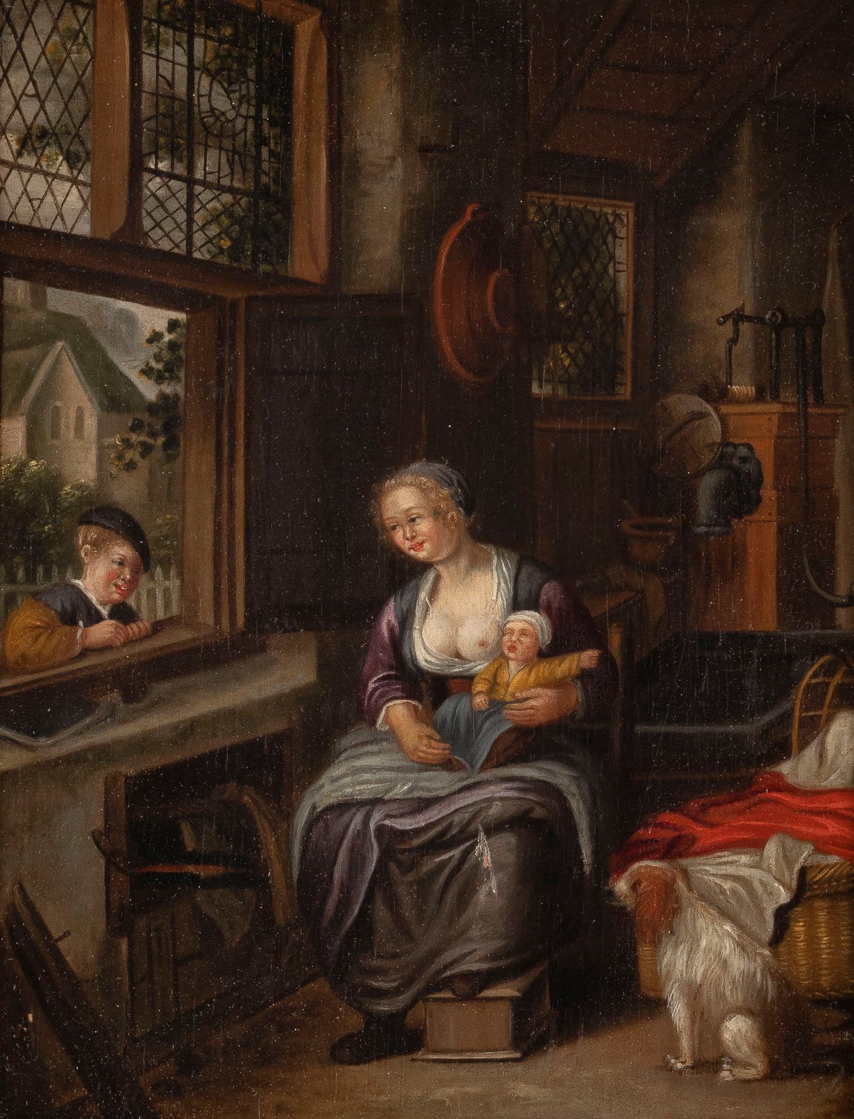 Süddeutscher Genremaler 南德时代画家Tatig 1800年左右 哺乳期母亲的场景，木板油画。32 x 25,5 cm (F. 50 x &hellip;