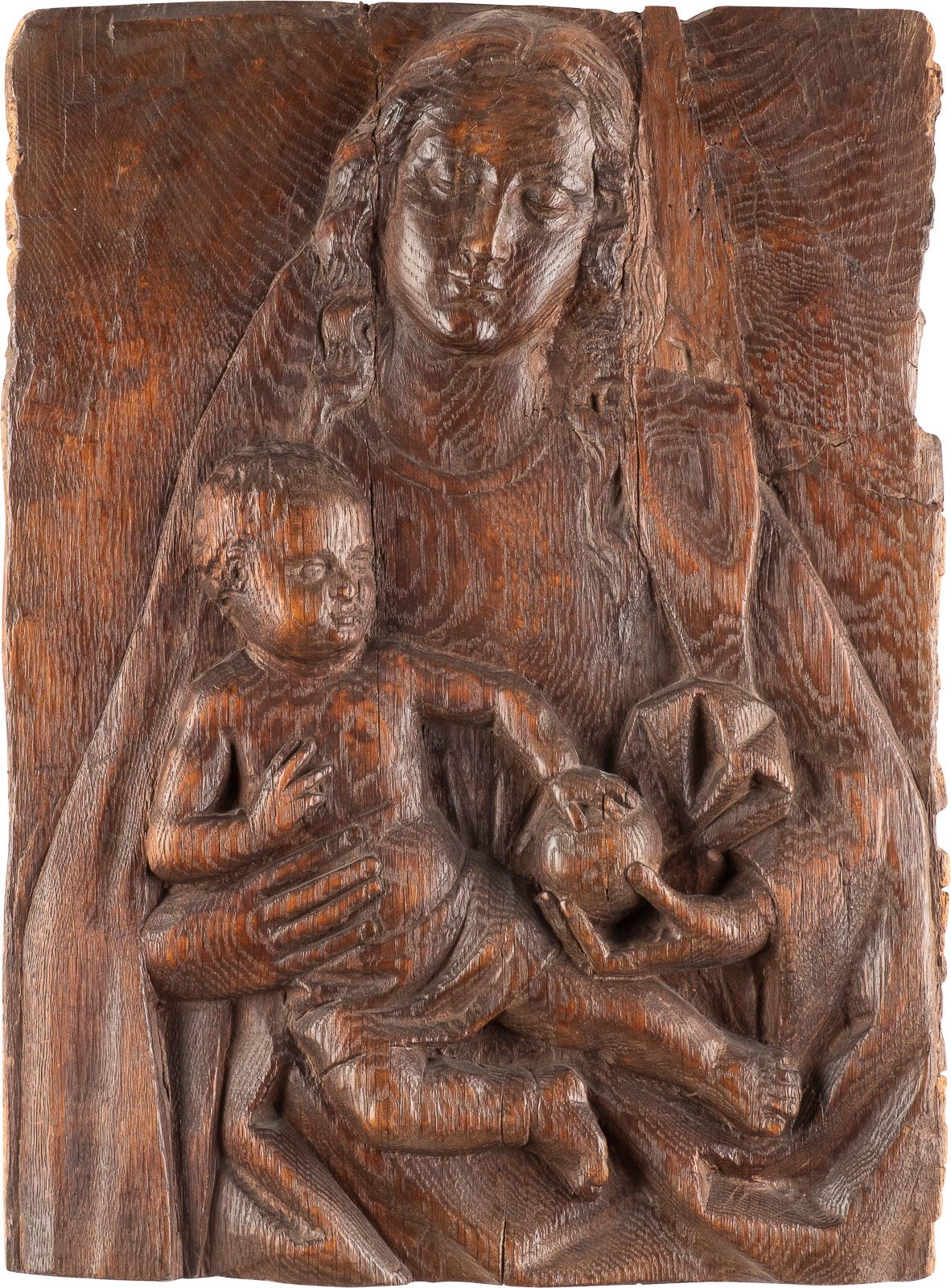 Null 浮雕板 "上帝之母与基督徒的孩子"，佛兰德，16世纪。 橡木，浮雕，深色染色。47厘米×33.5厘米。天主之母的浮雕为半身像，用地球仪抱着祝福的基督儿&hellip;