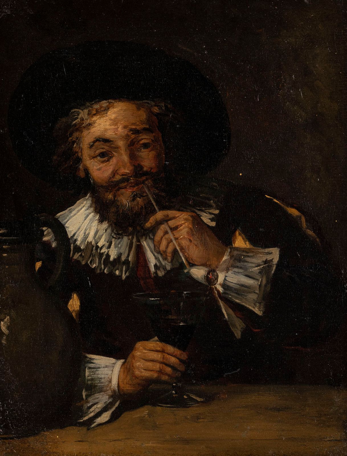 FRANS HALS (WERKSTATT/UMKREIS) 1582/83年安特卫普-1666年哈勒姆弗兰斯-哈尔斯的工作室或圆环 一个拿着酒杯抽着烟的骑兵 &hellip;