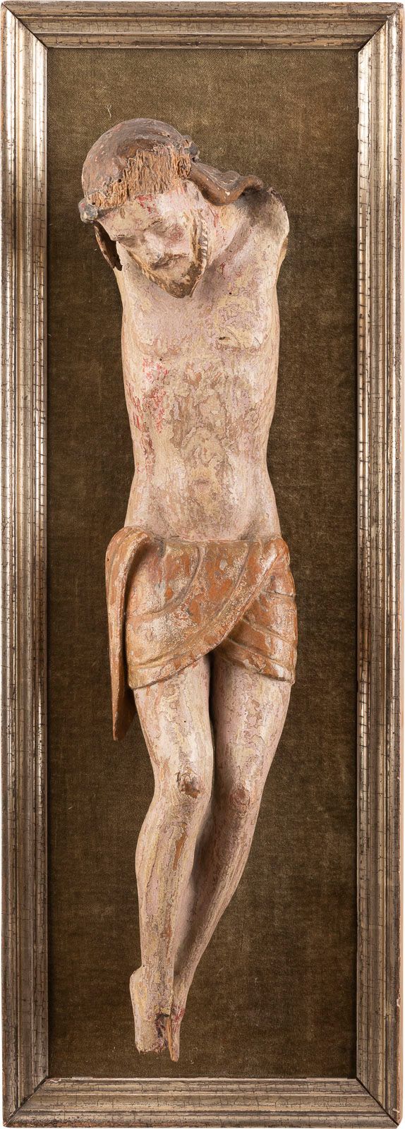 Null 基督圣母像 意大利，约1500年 木质，塑形雕刻，彩绘，背面平整。高51厘米。描绘基督的全图，带腰带和荆棘冠冕的三甲型。损坏的，框架的损失，装在一个框&hellip;