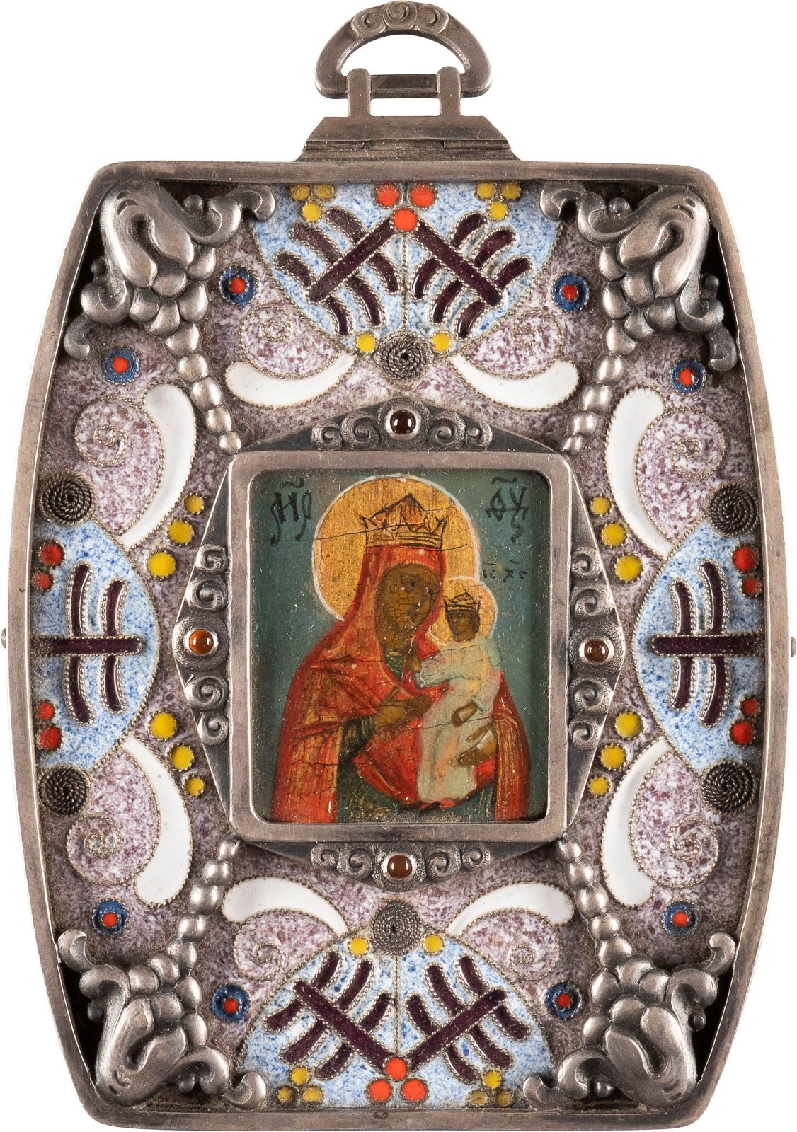 Null A SILVER AND CLOISONNÉ ENAMEL PENDANT SHOWING THE MOTHER OF GOD OF CHERNIGO&hellip;