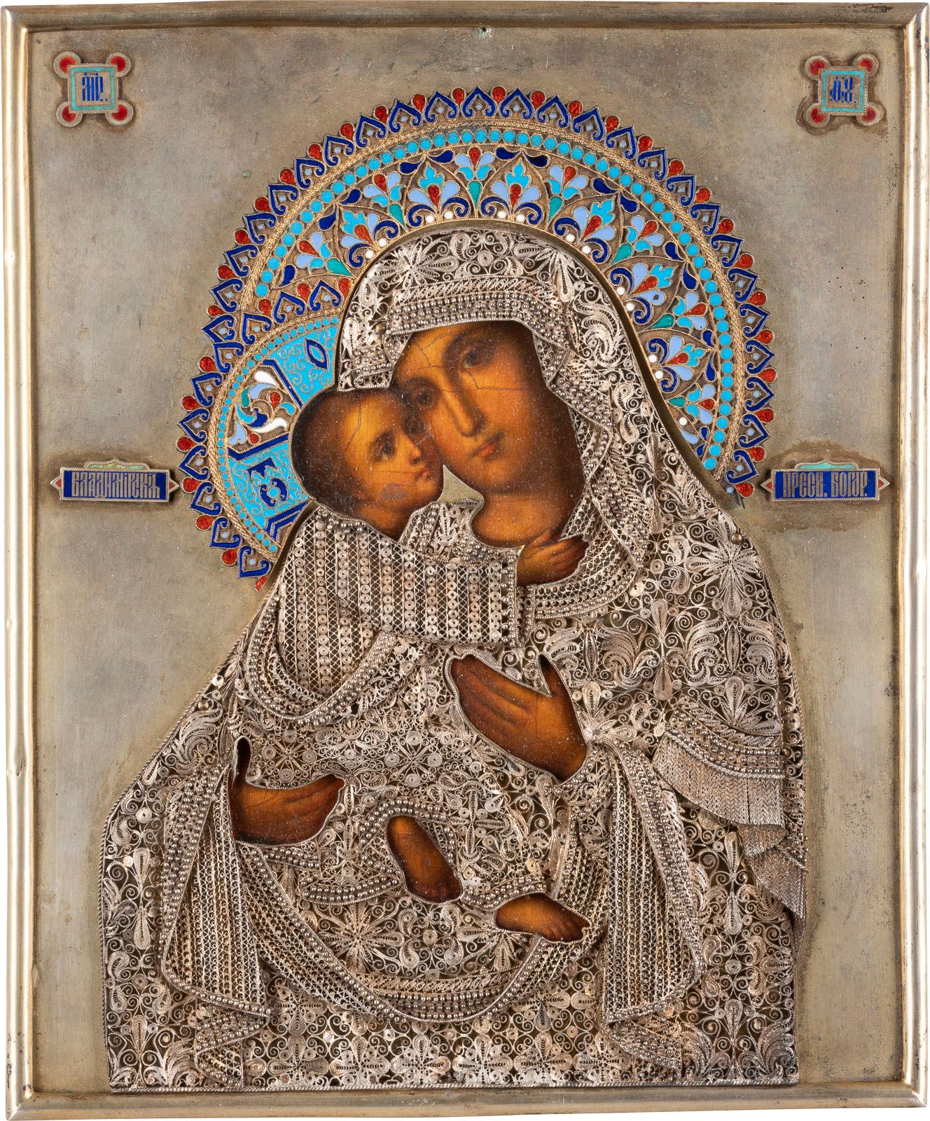 AN ICON SHOWING THE VLADIMIRSKAYA MOTHER OF GOD WITH A S UN'ICONA CHE MOSTRA LA &hellip;