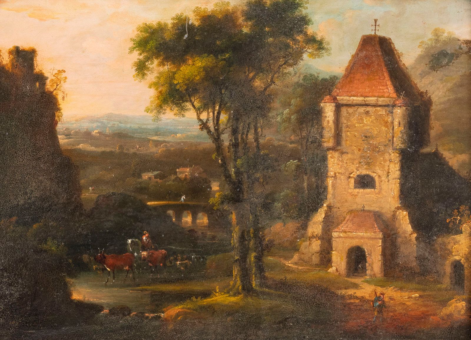 18 世纪晚期荷兰画派：南方风景，河边的教堂和骑马的牧人金属板上的
