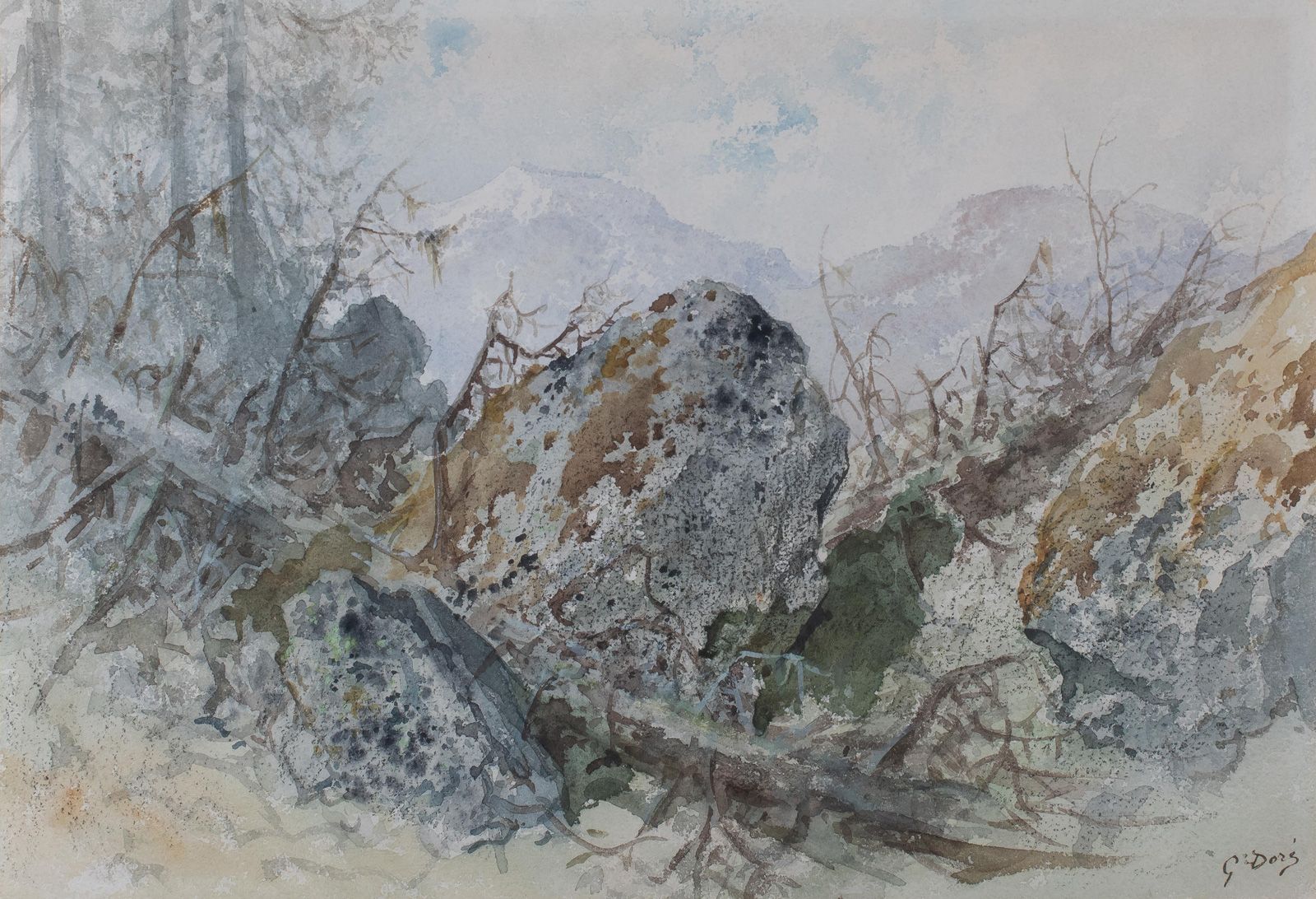 Null Gustave DORÉ (1832-1883) Paysage de montagne.	 Aquarelle.	 Signée en bas à &hellip;