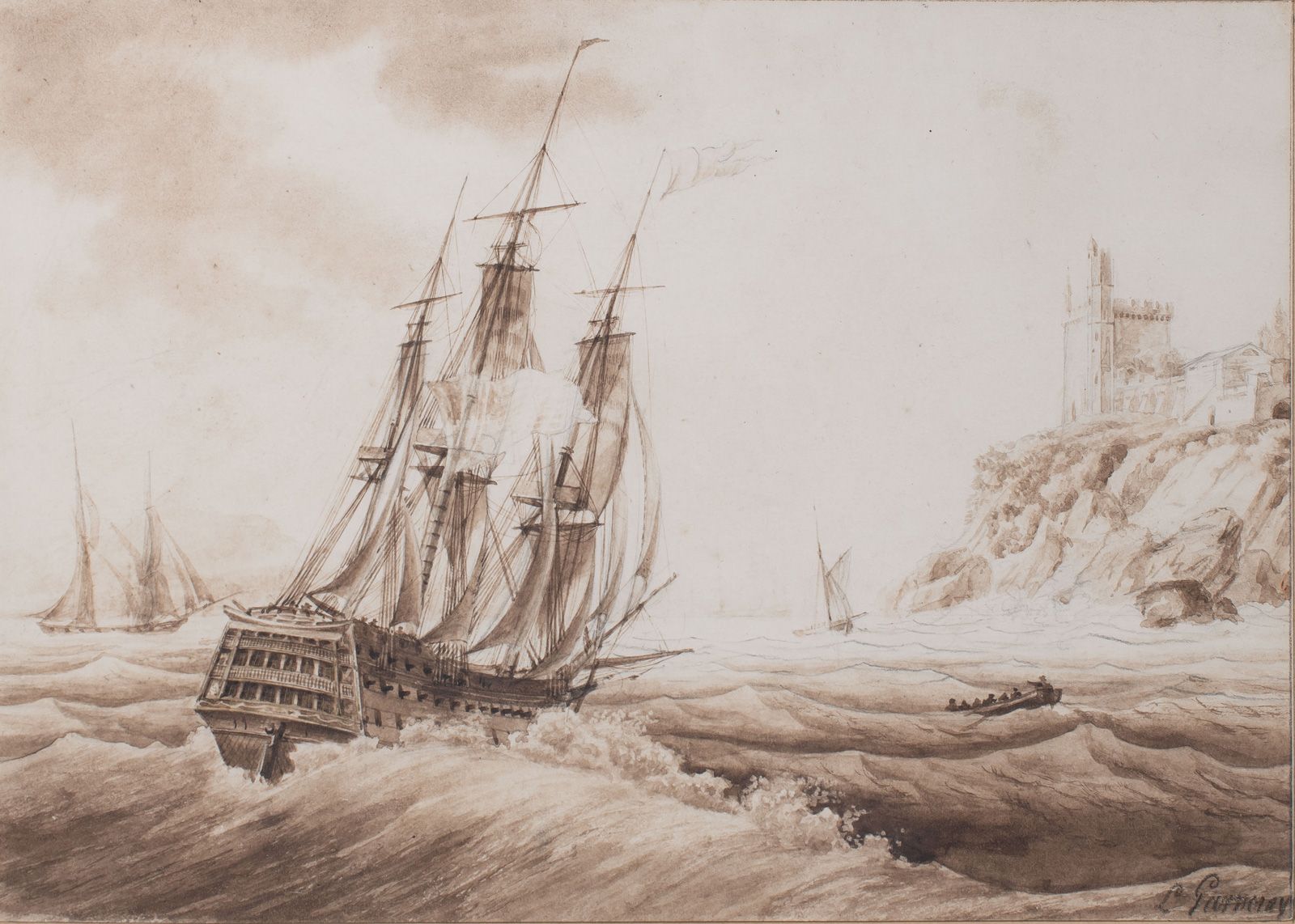 Null Louis GARNERAY (1783-1857)	 Bateau en bord de mer.	 Lavis brun sur traits d&hellip;