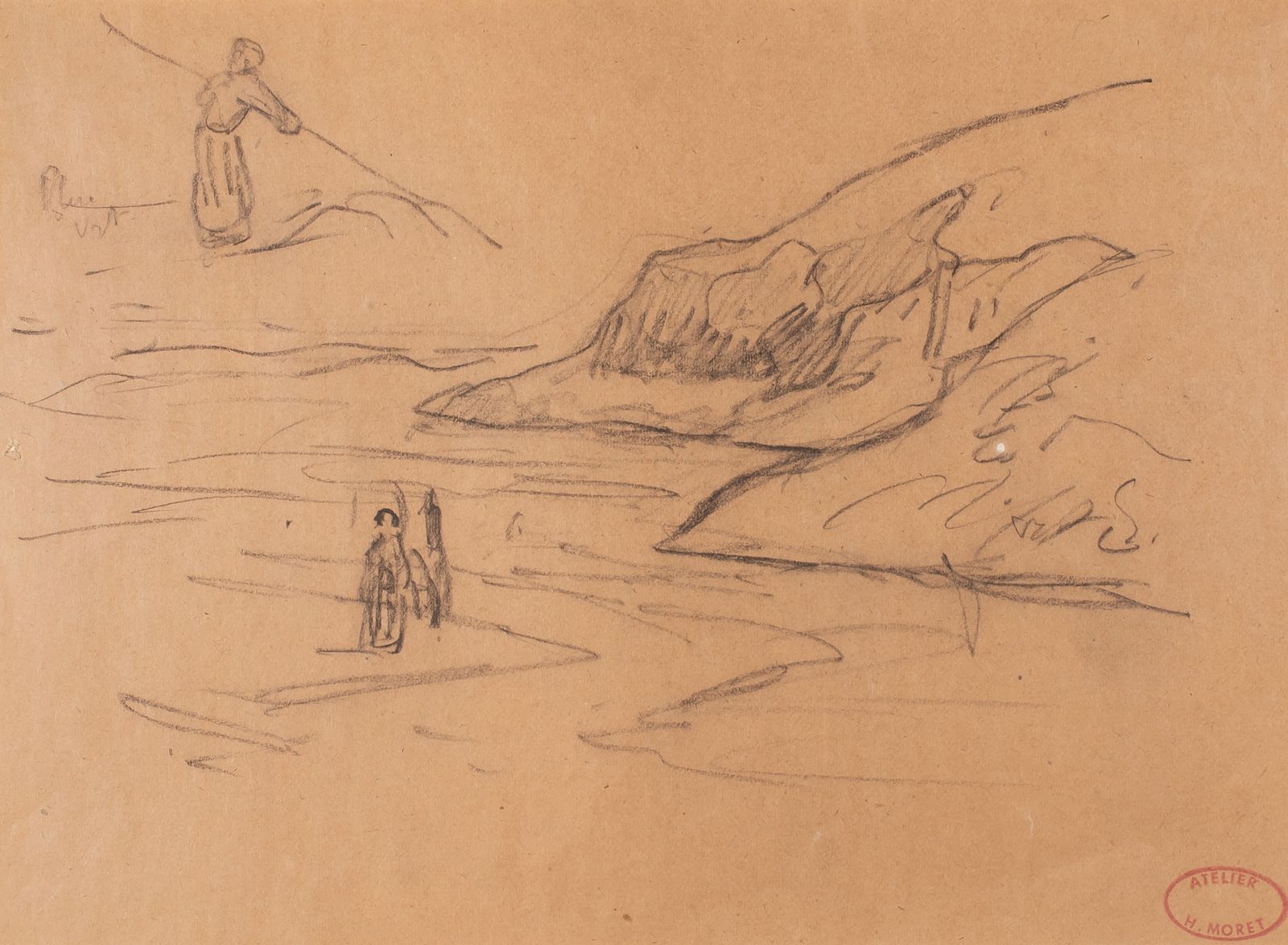 Null 亨利-莫雷(1856-1913)，海边风景，黑色铅笔，描边，右下角有工作室的印章(Lugt 5251)。21厘米；宽：28．