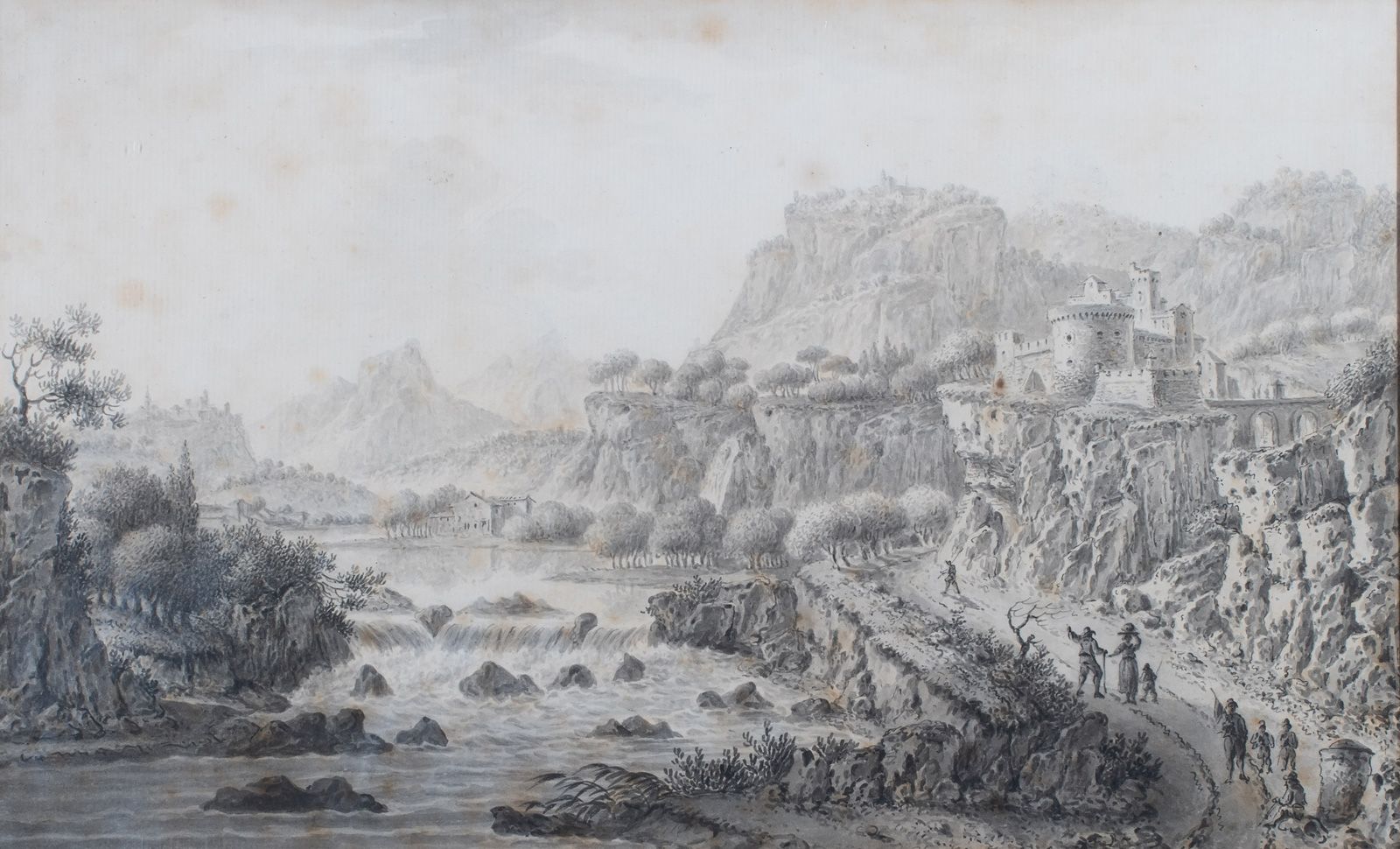 Null Simon LANTARA (1729-1778) (attribué à) Paysage animé à la cascade. 	 Lavis &hellip;
