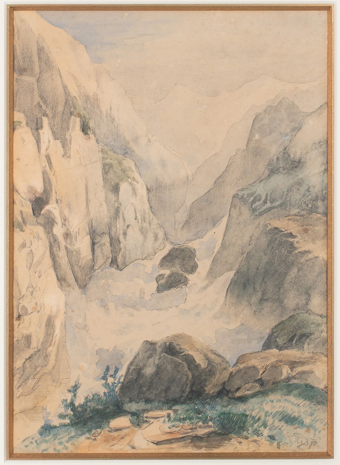 Null 十九世纪法国画派的风景画，黑色铅笔线条上的水彩画，右下有"GD 70"的注解。23.5厘米；宽度：17厘米。