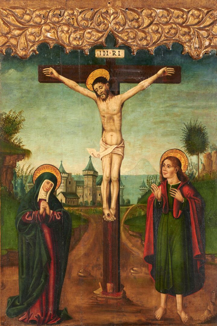 École du XVIème siècle. 
"Scène de crucifixion, Marie et Saint Jean au pied de l&hellip;
