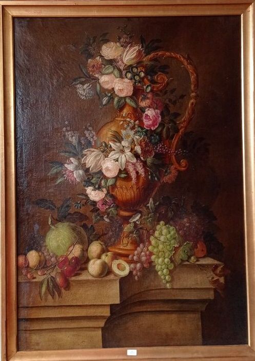 Null 十九世纪的学校，在Jean-Baptiste MONNOYER（1636-1699）的品味。
"花卉、葡萄和水果的静物画，在一个夹板上。
布面油画。
&hellip;