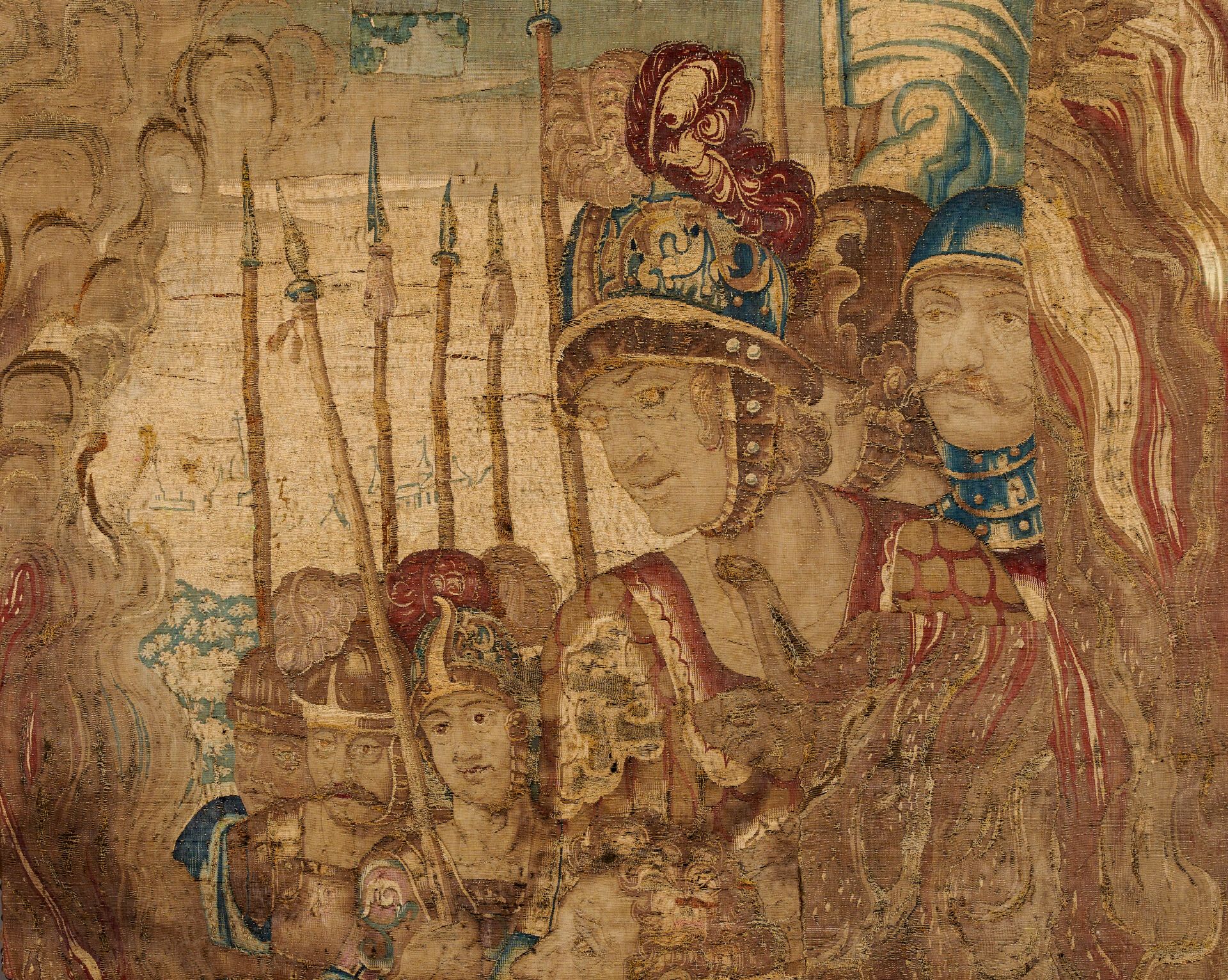Null "亚历山大大帝中的士兵（？）
羊毛挂毯碎片。
XVII-XVIII 世纪。
106 x 132 厘米
修复